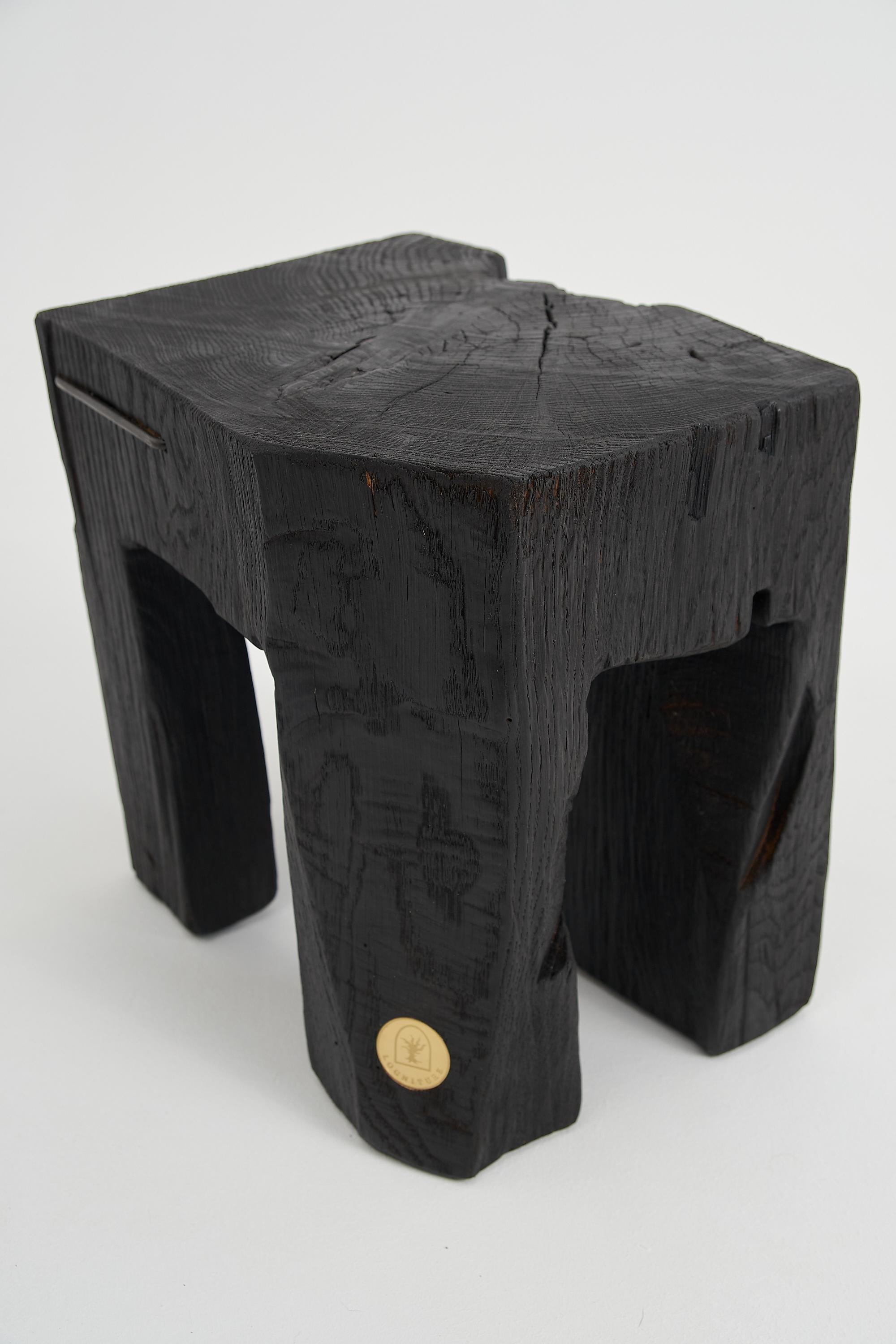 Rustic_Sculptural_Side_Table,_Stool,_Burnt_Black_Oak_Wood,_Logniture