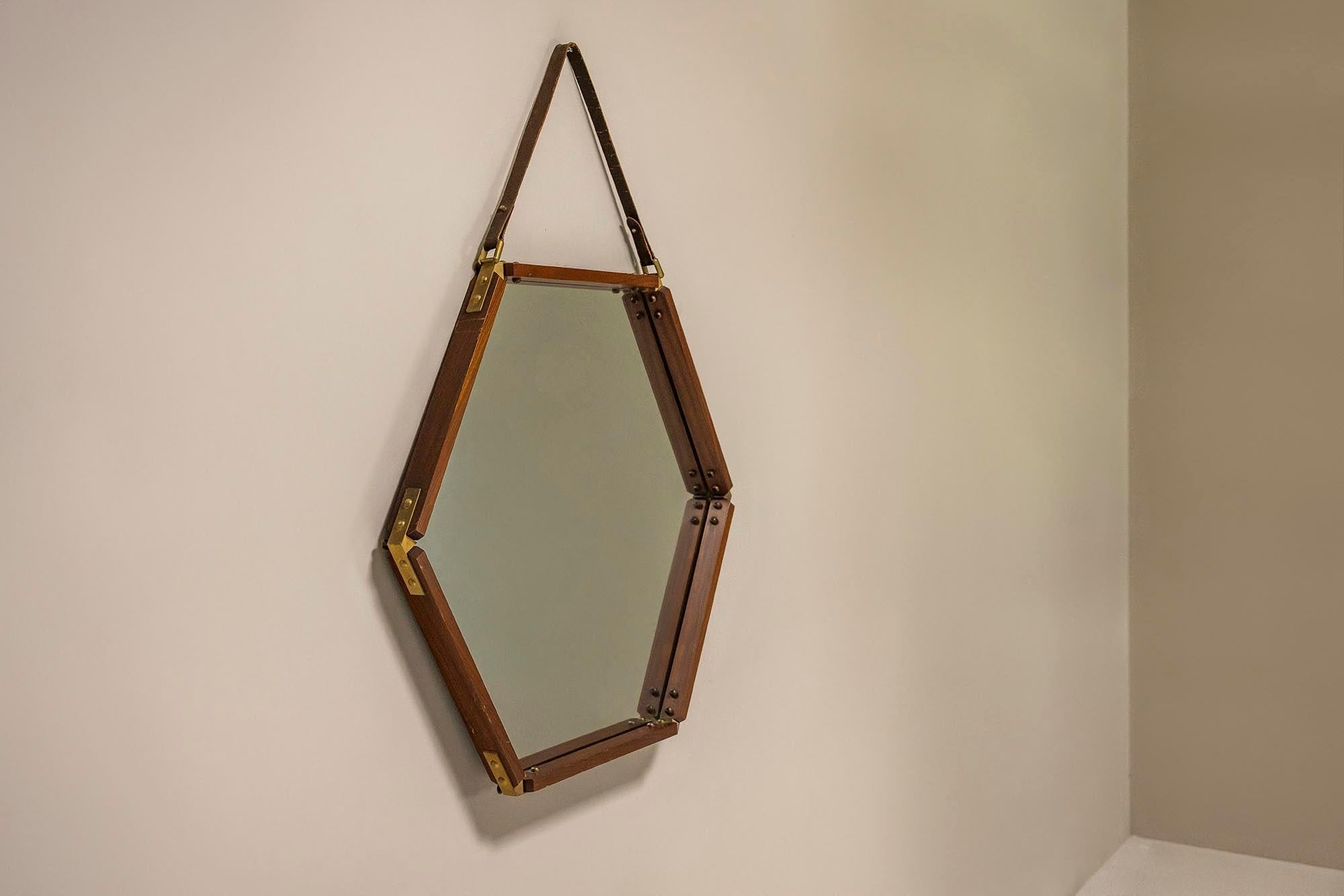 Hexagonal_Wall_Mirror_in_Teak_with_Brass_and_Leather_Strap_1960s_Italy