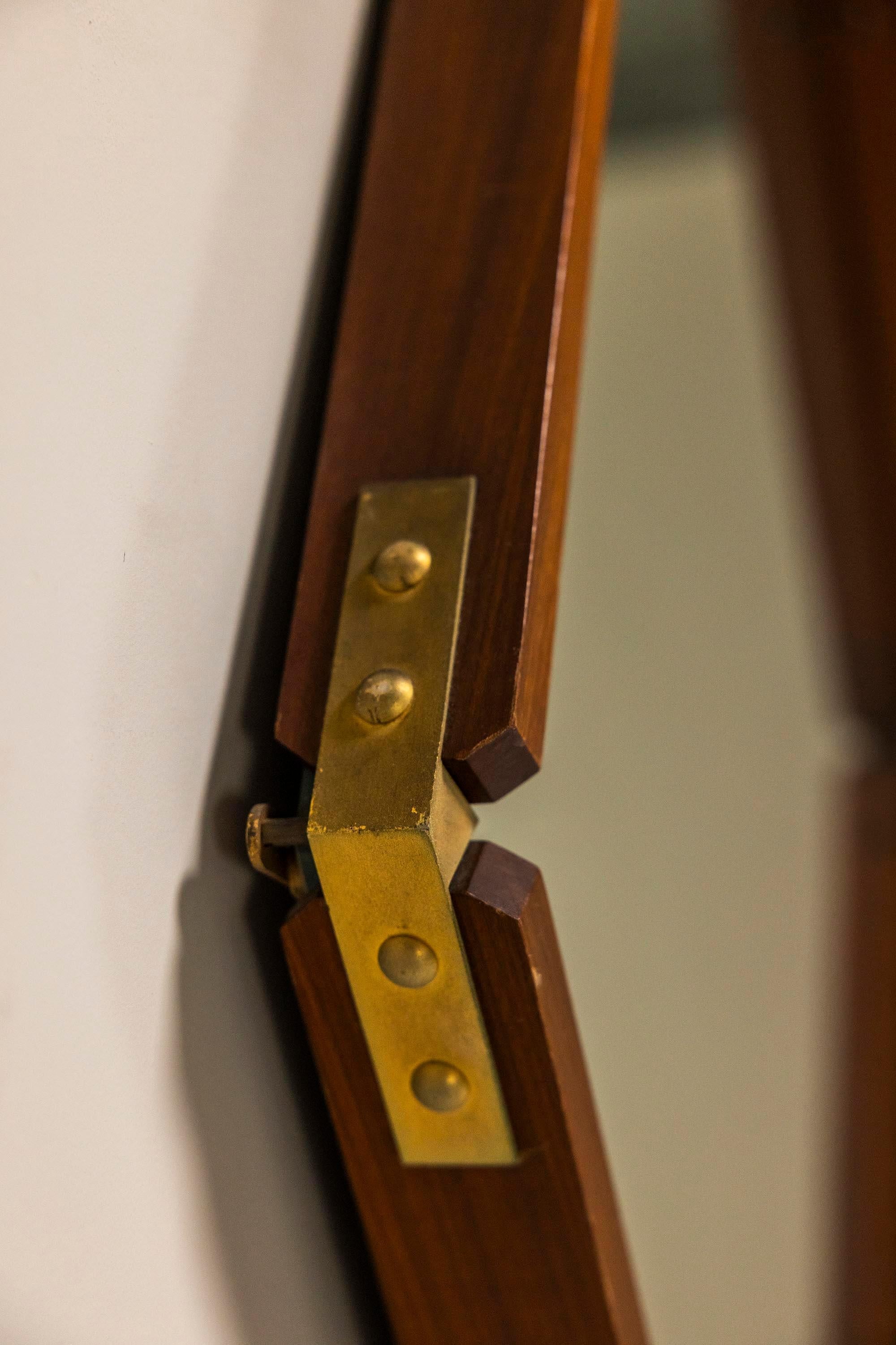 Hexagonal_Wall_Mirror_in_Teak_with_Brass_and_Leather_Strap_1960s_Italy