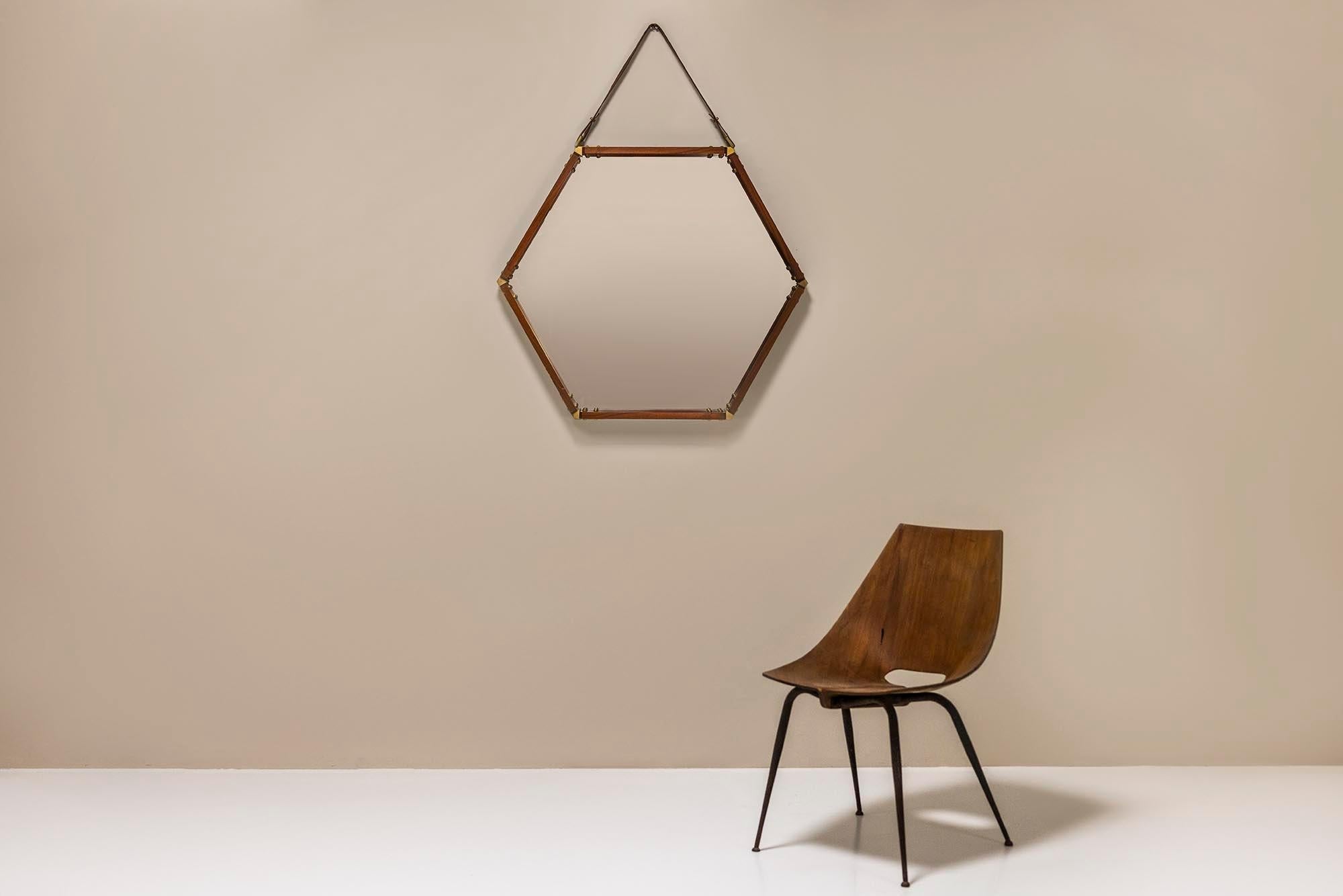 Hexagonal_Wall_Mirror_in_Teak_with_Brass_and_Leather_Strap_1960s_Italy