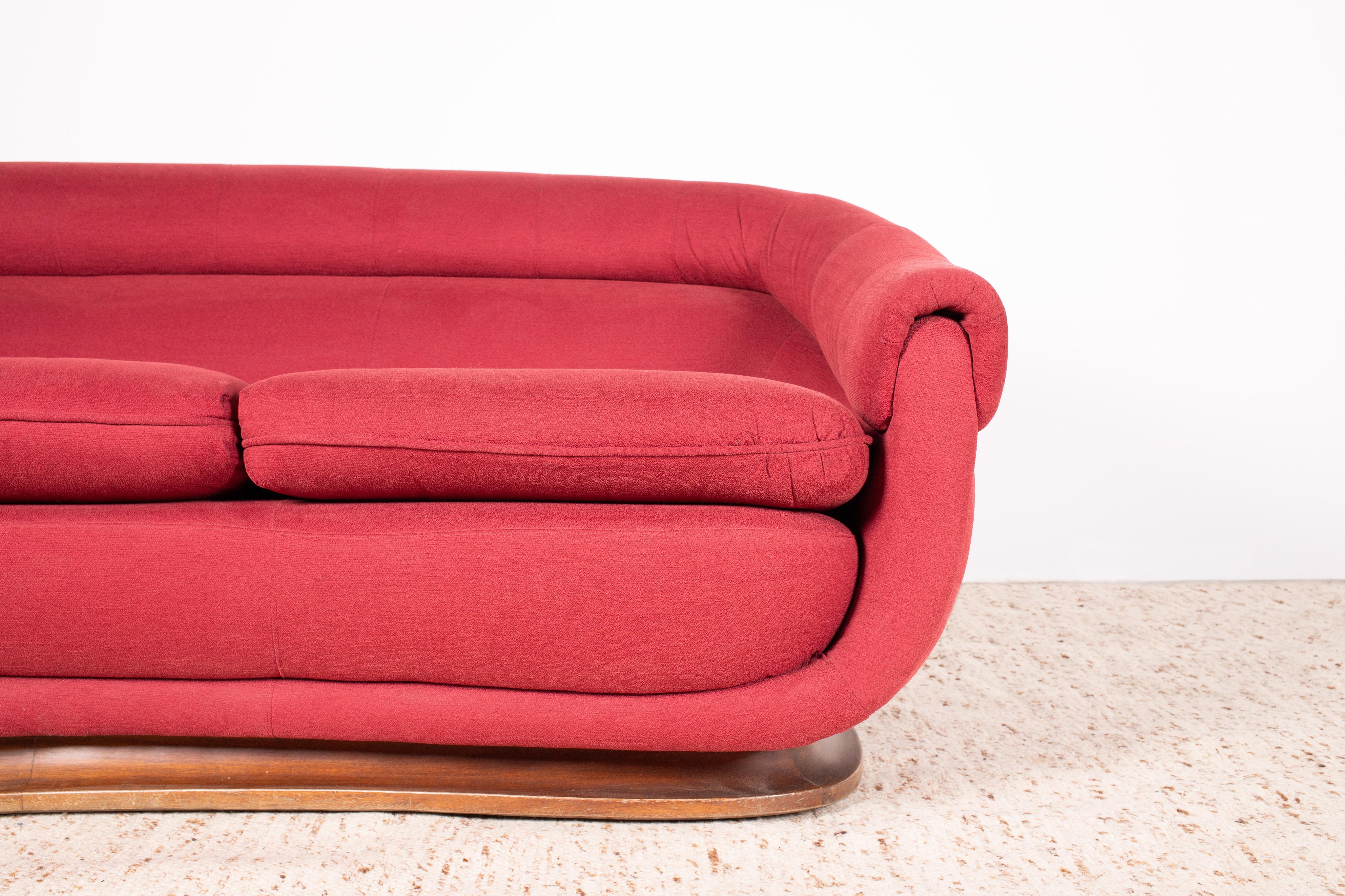 Curved_Italian_Art_Deco_Sofa,_Walnut_&_Red_Fabric,_3-Seat_Crescent_Form,_1930s