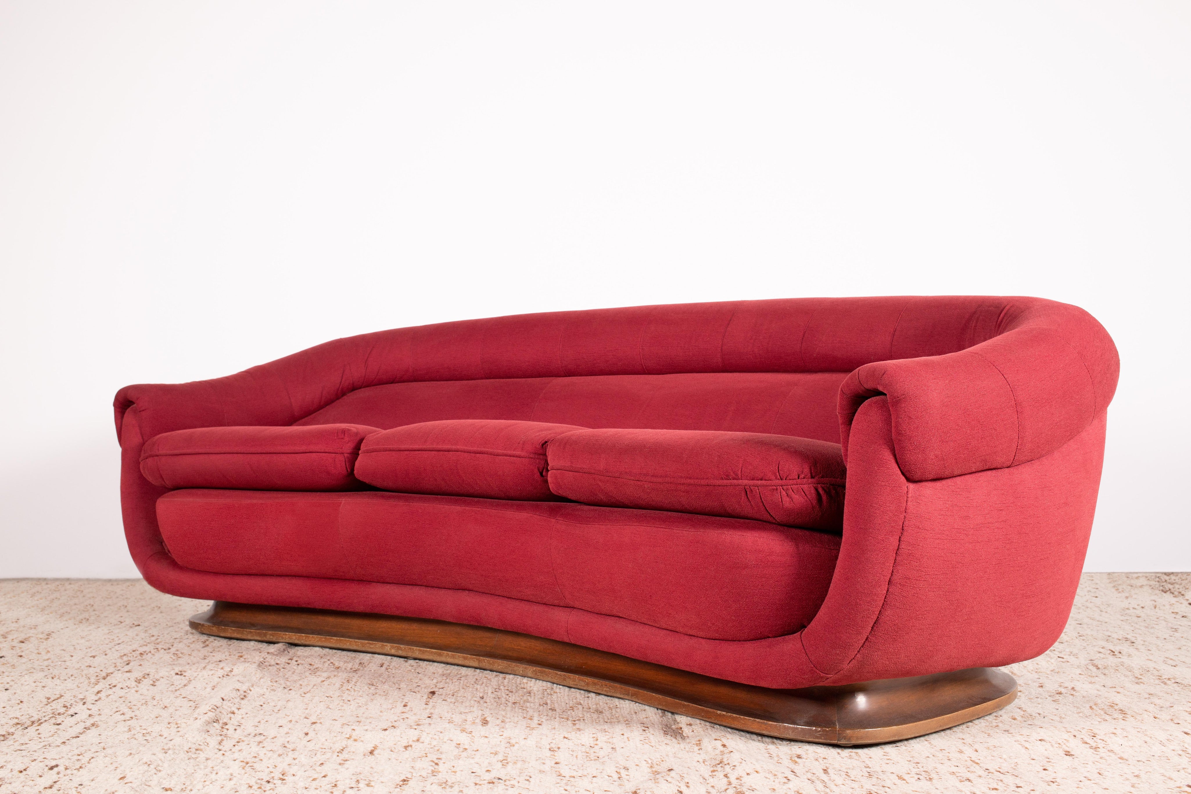 Curved_Italian_Art_Deco_Sofa,_Walnut_&_Red_Fabric,_3-Seat_Crescent_Form,_1930s