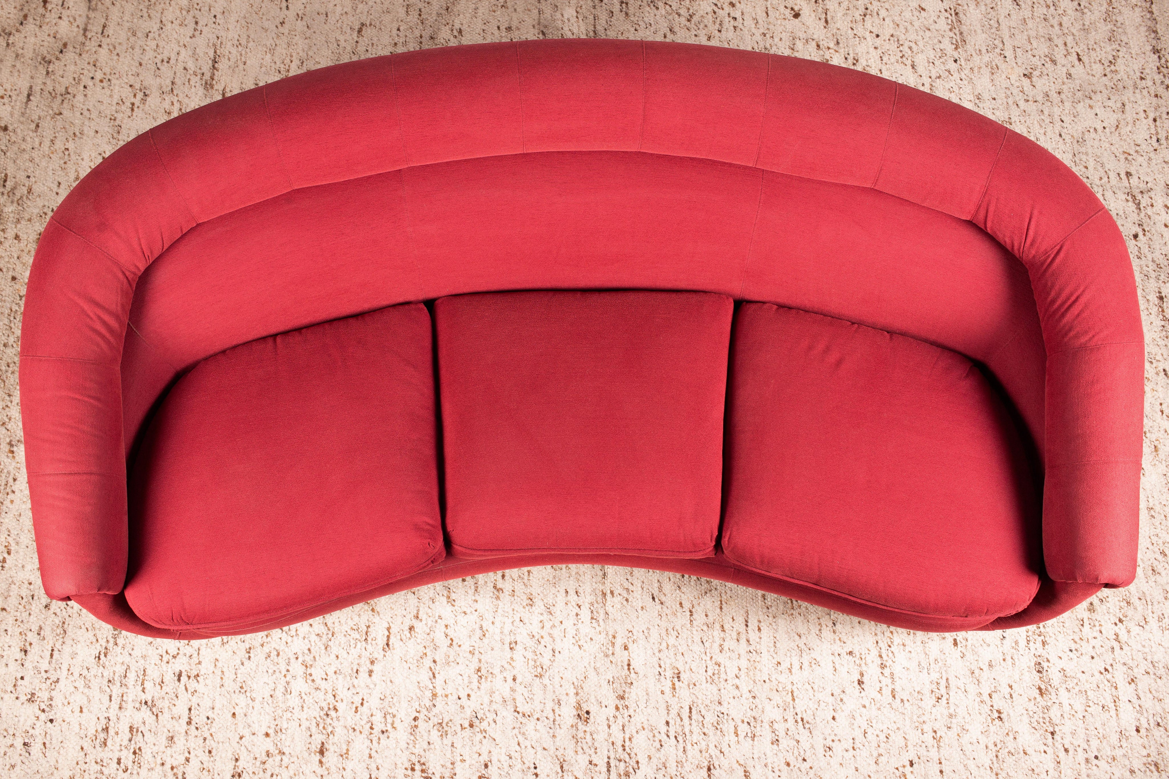 Curved_Italian_Art_Deco_Sofa,_Walnut_&_Red_Fabric,_3-Seat_Crescent_Form,_1930s