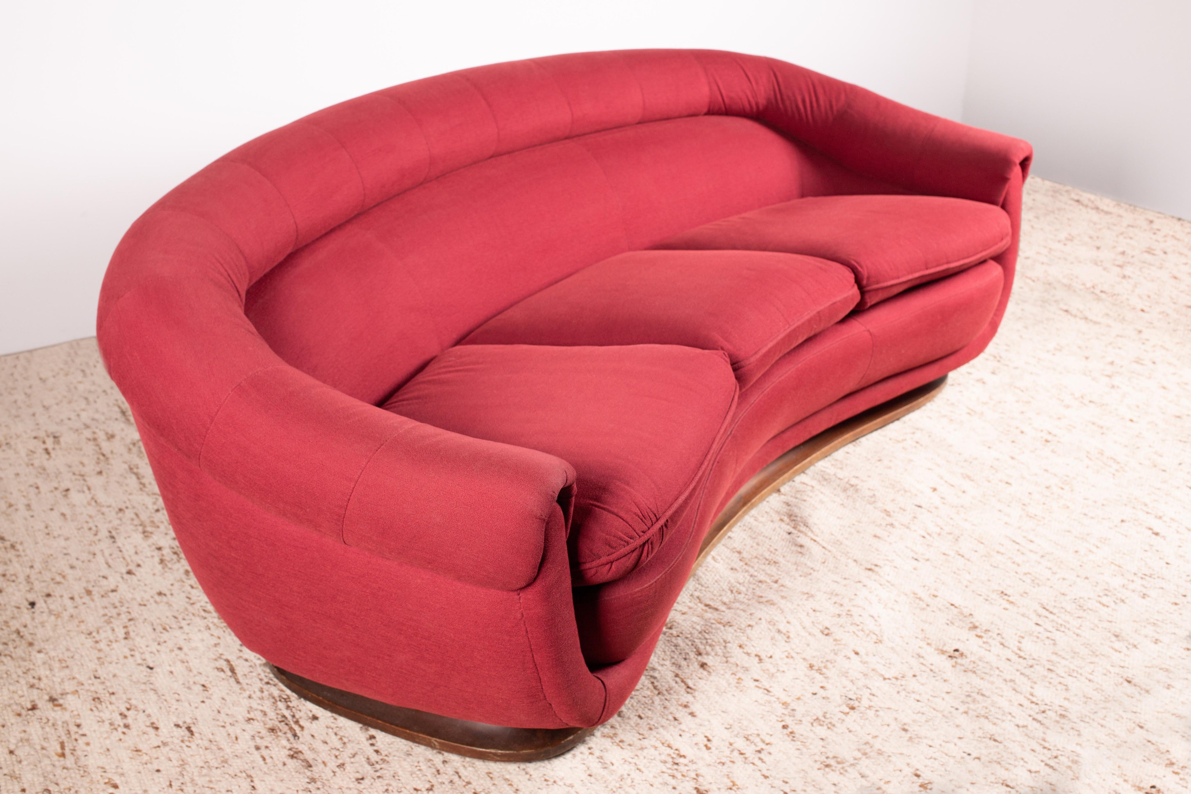 Curved_Italian_Art_Deco_Sofa,_Walnut_&_Red_Fabric,_3-Seat_Crescent_Form,_1930s