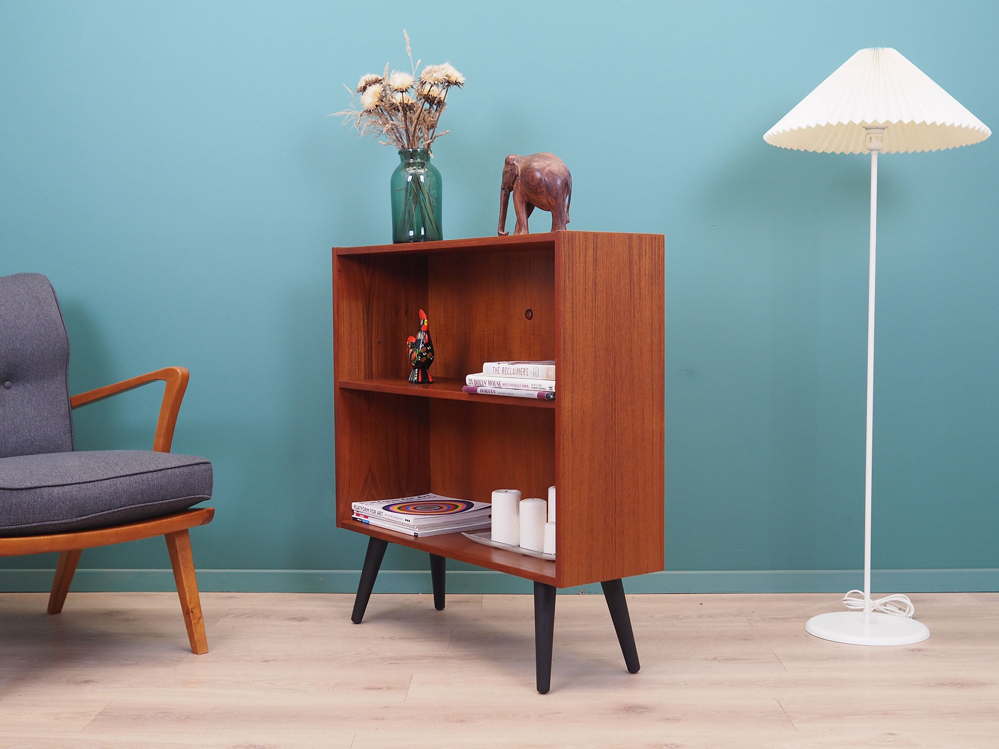 1970s_Danish_Teak_Bookcase_with_Black_Wooden_Legs,_Scandinavian,_Open_Shelving