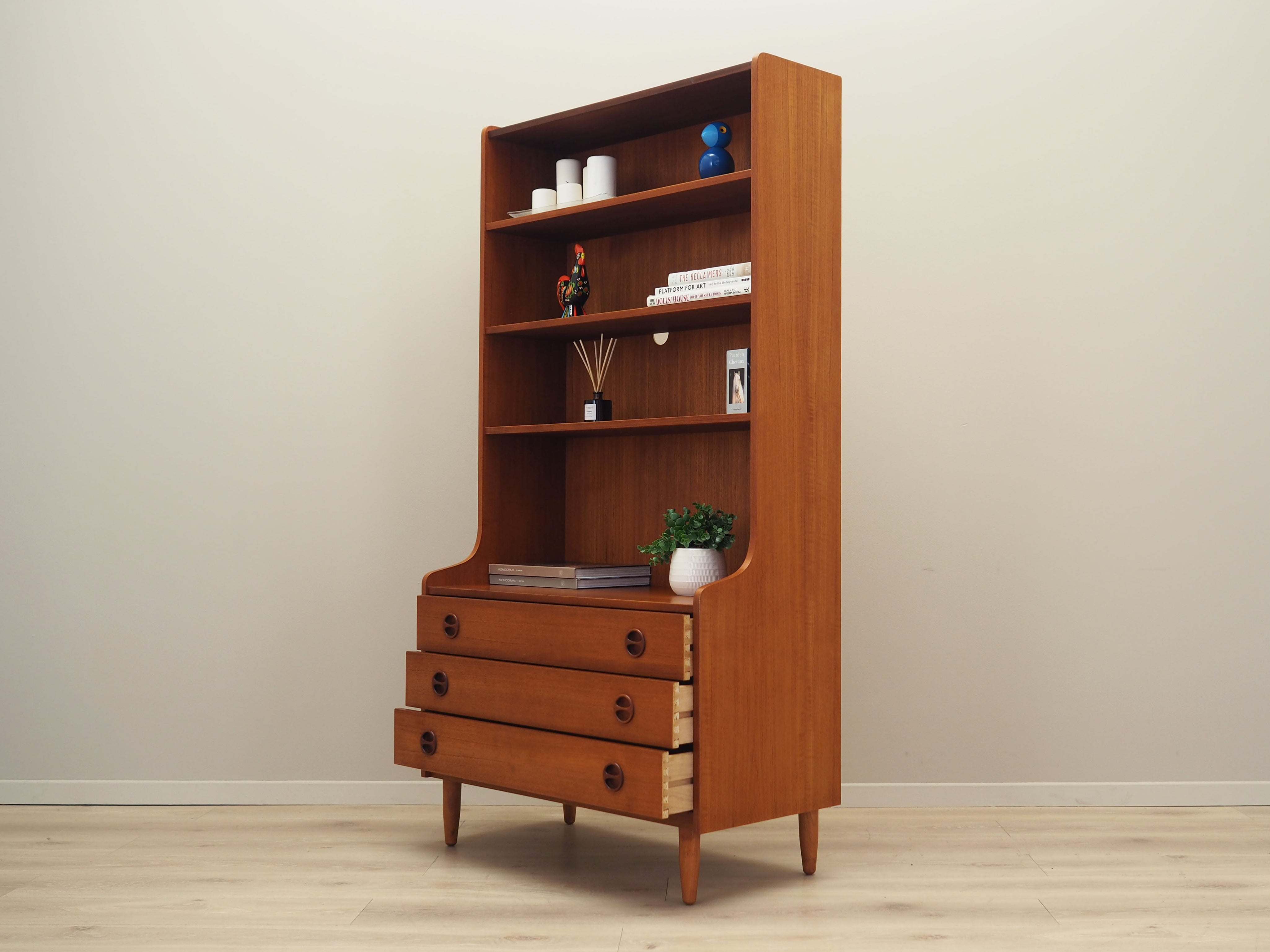 1960s_Danish_Teak_Bookcase_with_Three_Adjustable_Shelves,_Three_Drawers_and_Solid_Wood_Legs