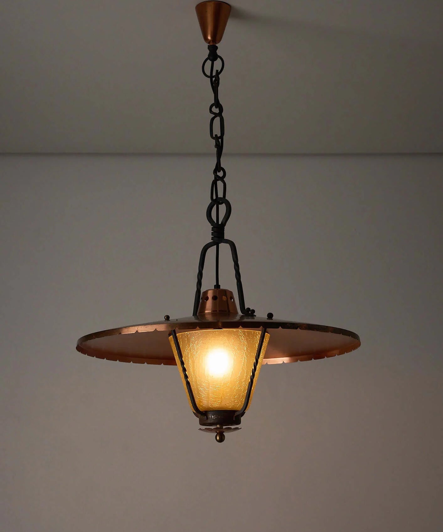 Wrought_Iron_Pendant_Lamp,_Copper_and_Textured_Glass,_1950s,_Europe