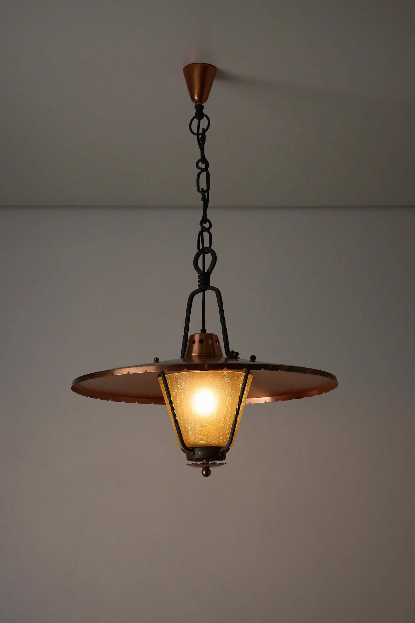 Wrought_Iron_Pendant_Lamp,_Copper_and_Textured_Glass,_1950s,_Europe