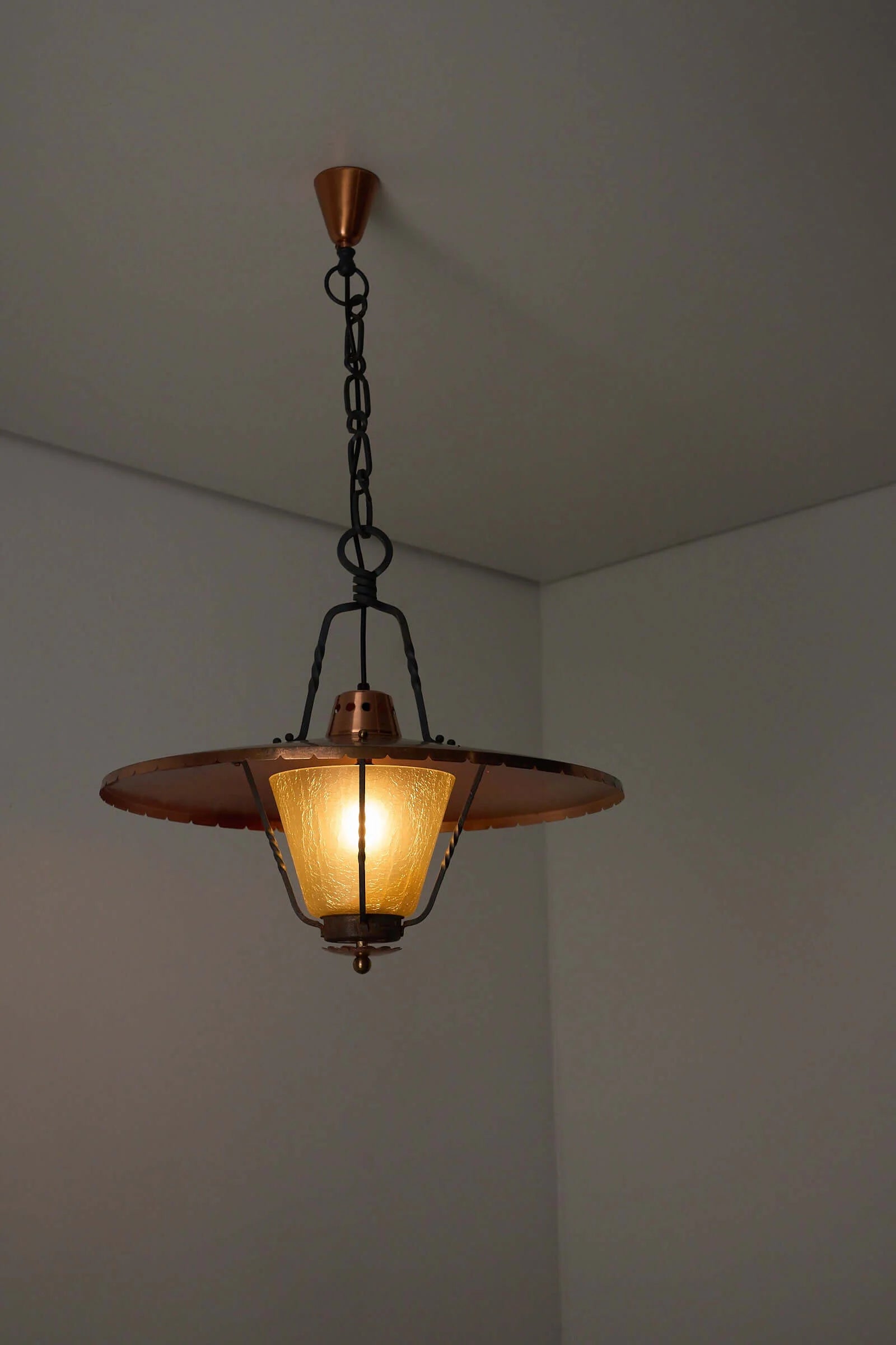 Wrought_Iron_Pendant_Lamp,_Copper_and_Textured_Glass,_1950s,_Europe