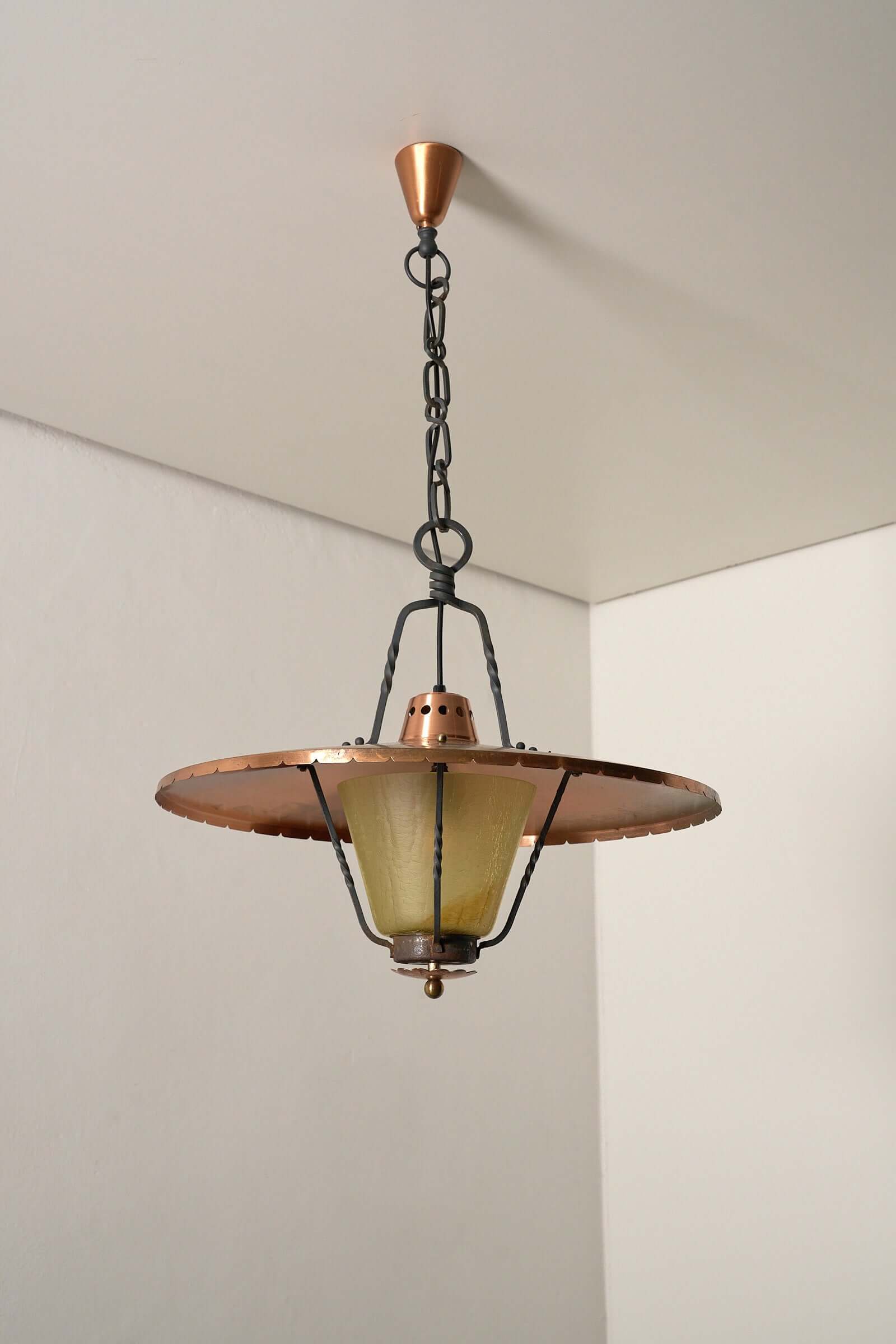 Wrought_Iron_Pendant_Lamp,_Copper_and_Textured_Glass,_1950s,_Europe