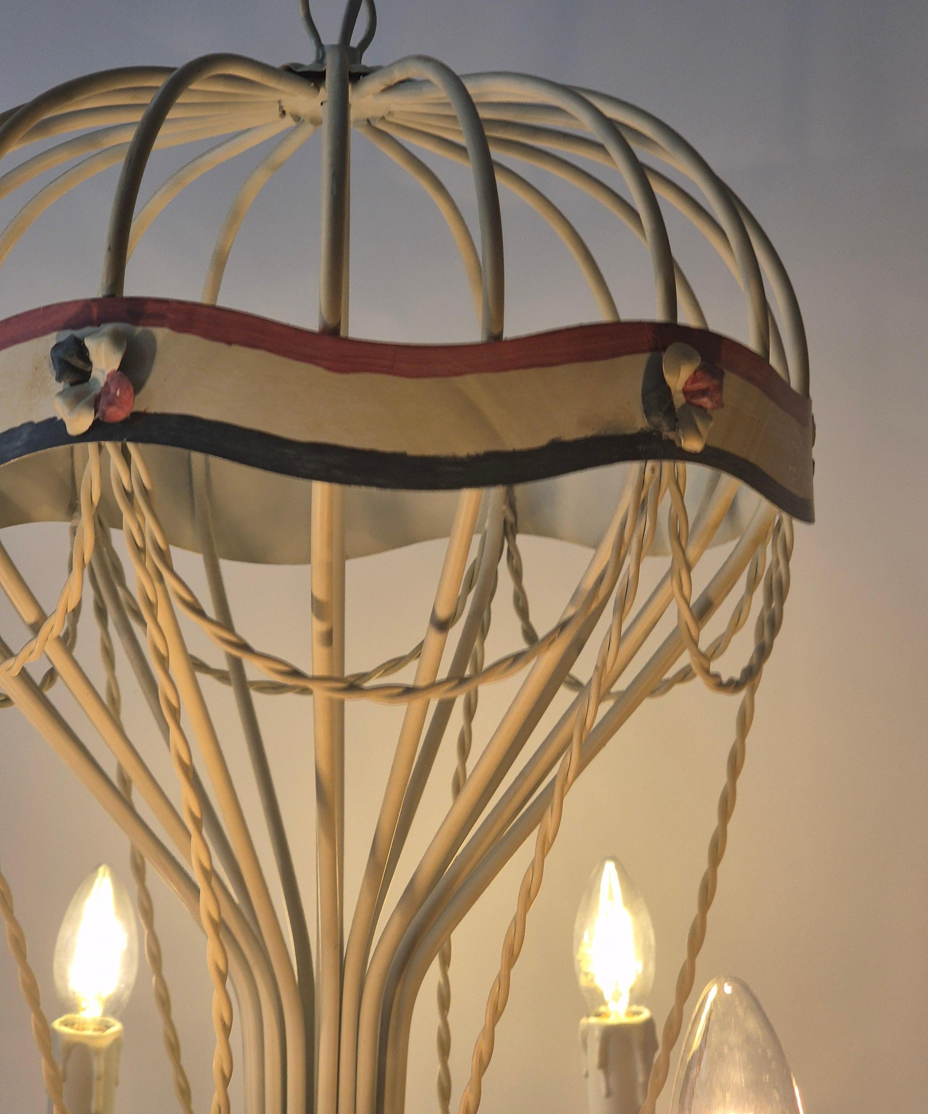 French_Hot_Air_Balloon_Chandelier_in_Gilt_Iron_and_Painted_Tole,_Mid_Century_Decorative_Ceiling_Light