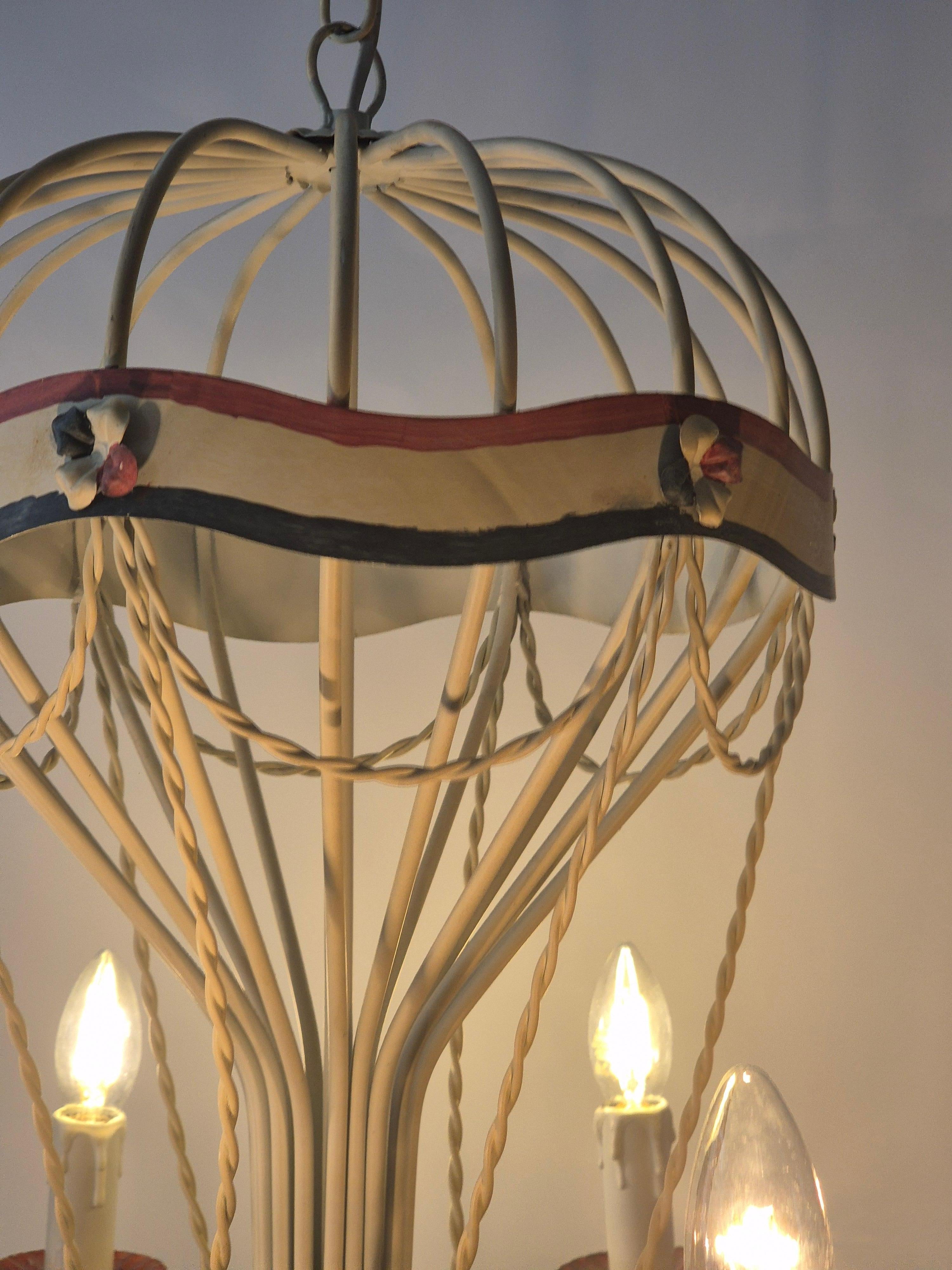 French_Hot_Air_Balloon_Chandelier_in_Gilt_Iron_and_Painted_Tole,_Mid_Century_Decorative_Ceiling_Light