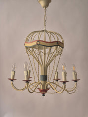 French_Hot_Air_Balloon_Chandelier_in_Gilt_Iron_and_Painted_Tole,_Mid_Century_Decorative_Ceiling_Light