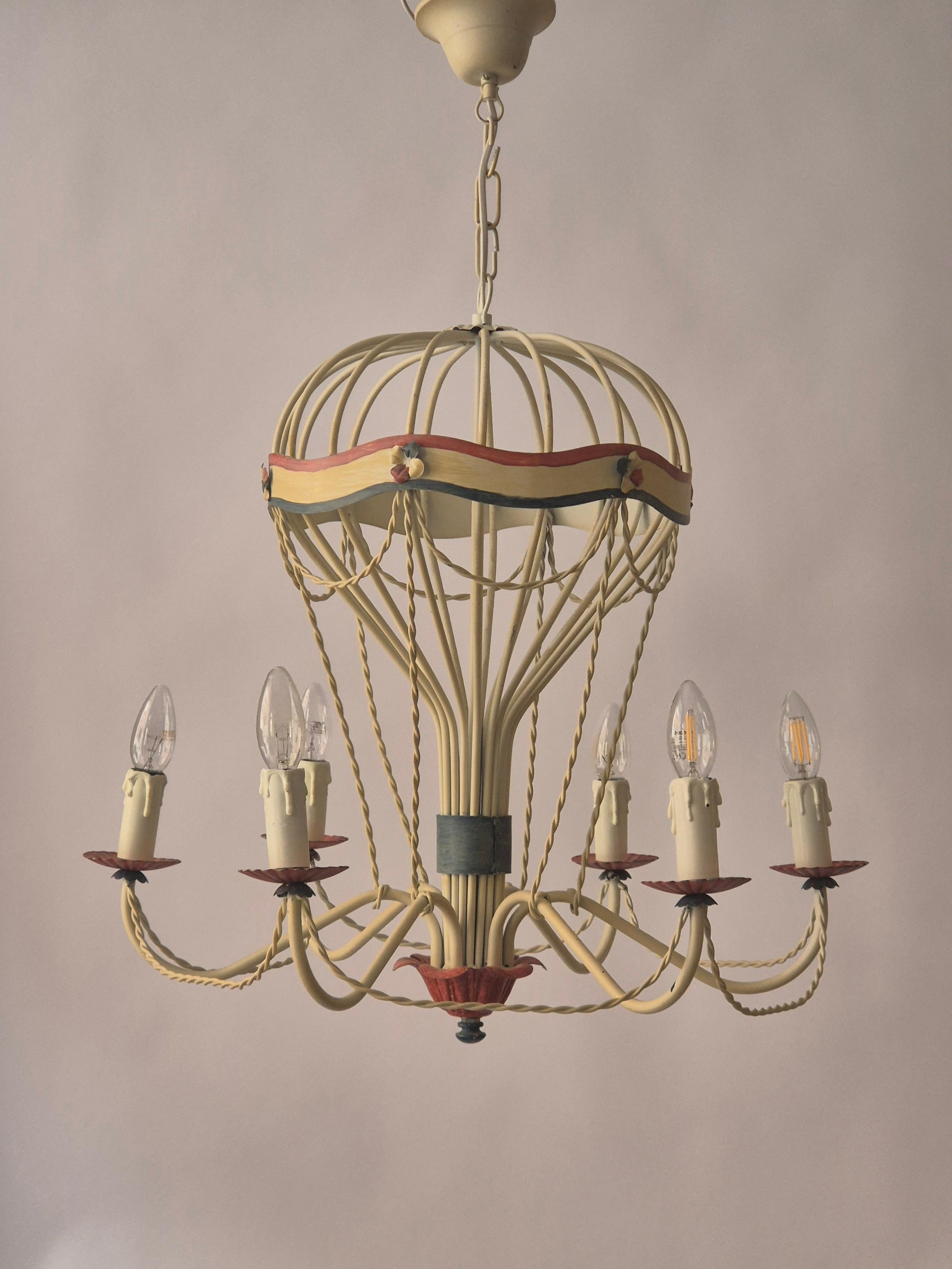 French_Hot_Air_Balloon_Chandelier_in_Gilt_Iron_and_Painted_Tole,_Mid_Century_Decorative_Ceiling_Light