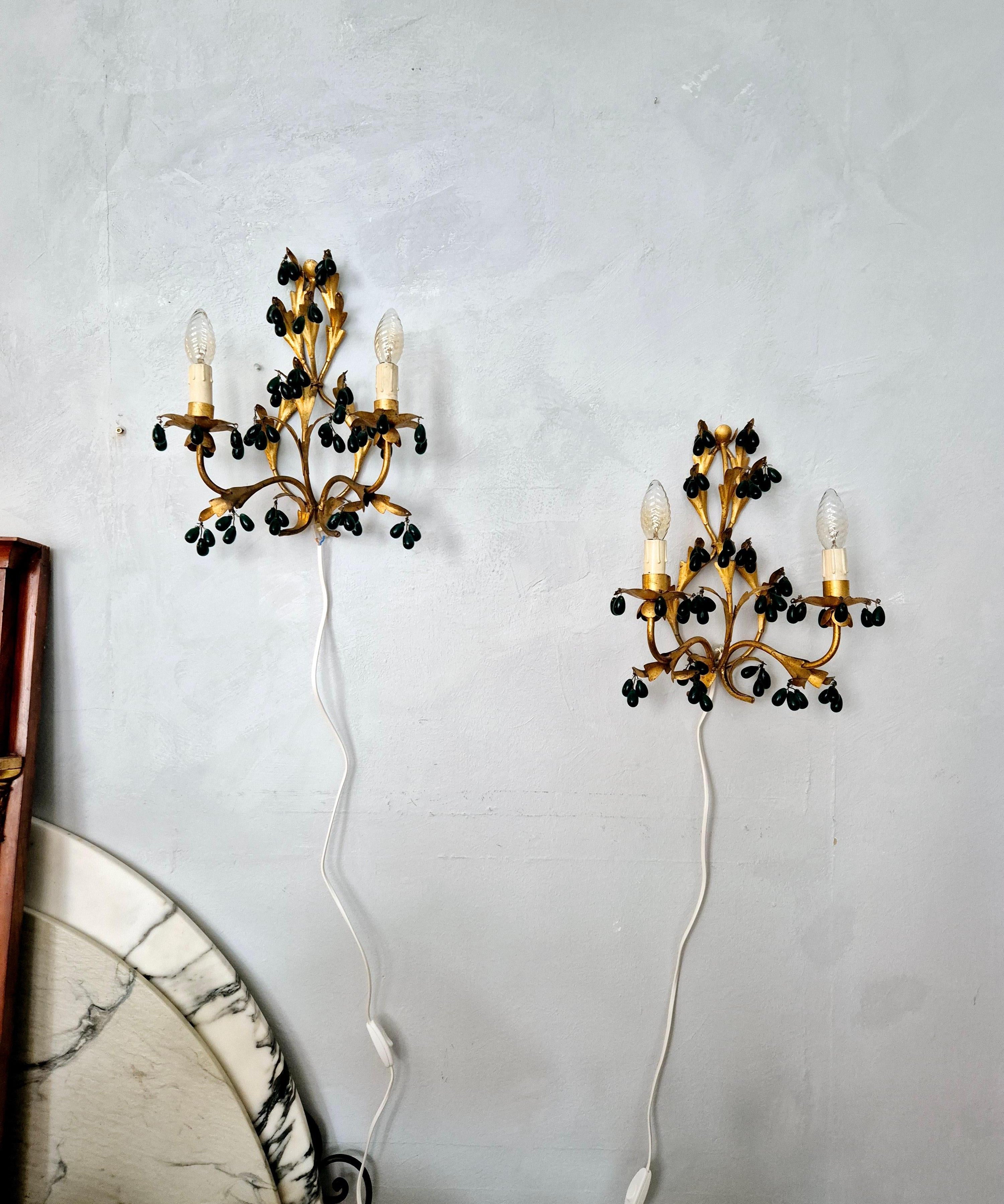 Set_of_2_Gilt_Metal_Wall_Lights_with_Green_Glass_Drops_by_Unknown_Maker,_1890s,_Europe