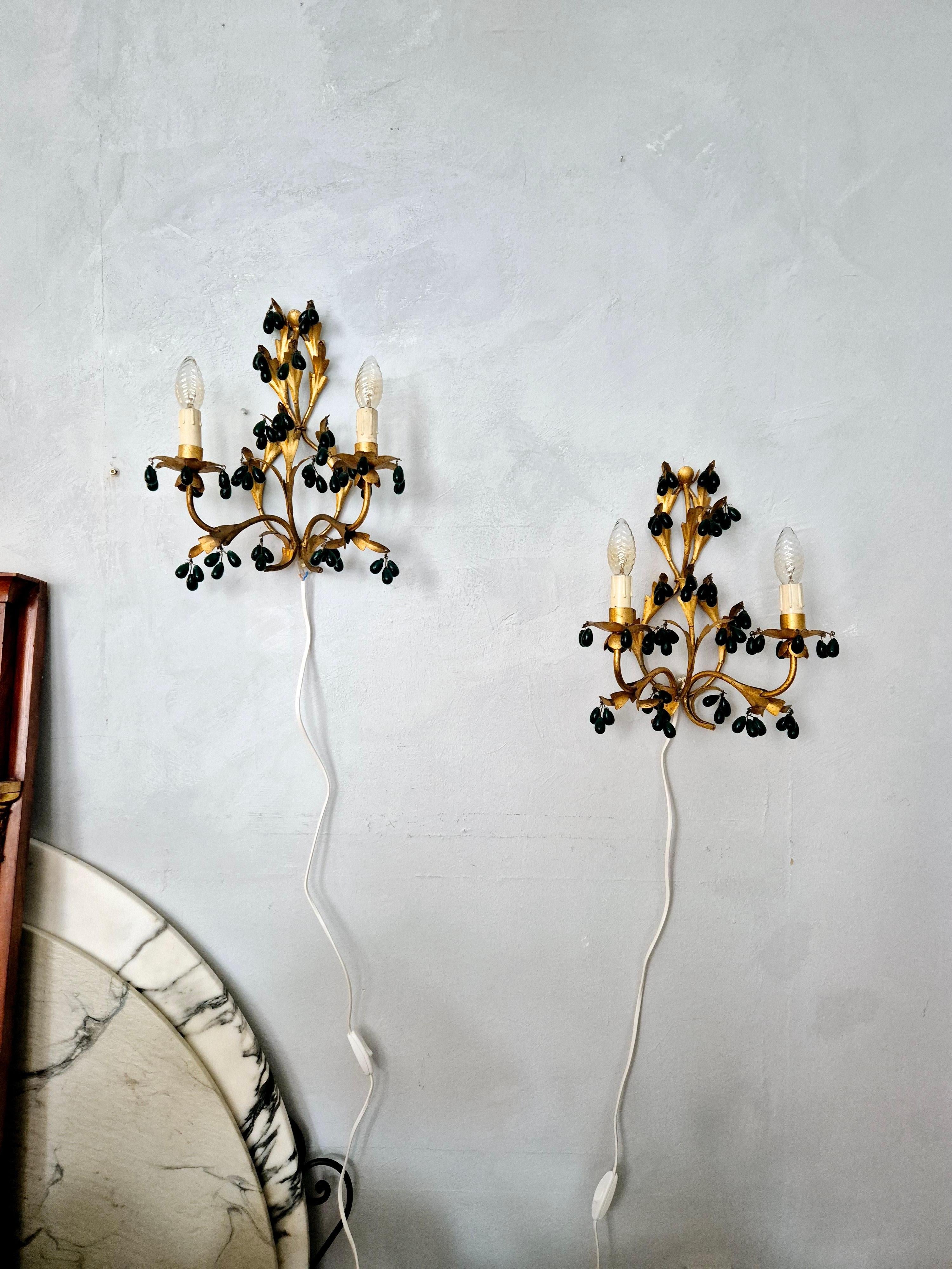 Set_of_2_Gilt_Metal_Wall_Lights_with_Green_Glass_Drops_by_Unknown_Maker,_1890s,_Europe