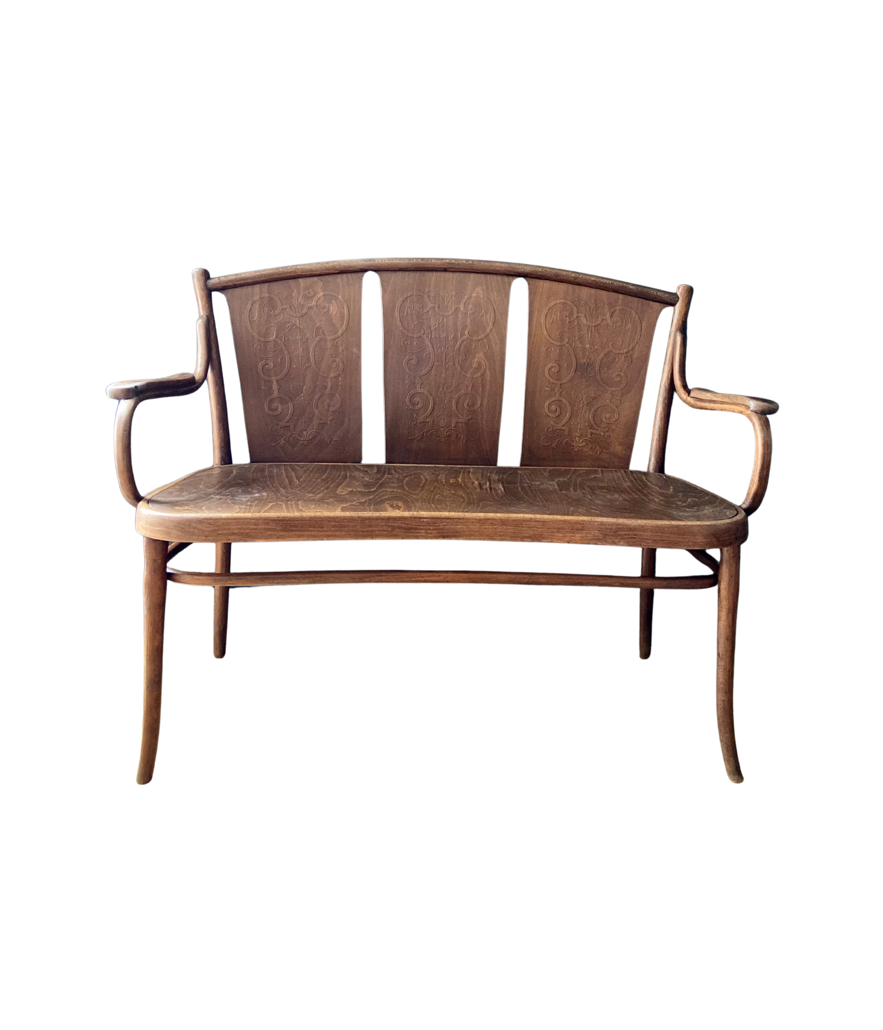 Bistro_style_bench_in_embossed_wood_stamped_Thonet_early_20th_century