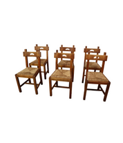 Set of 6 brutalist, rustic dining chairs in Oak and Rush, 1960's!