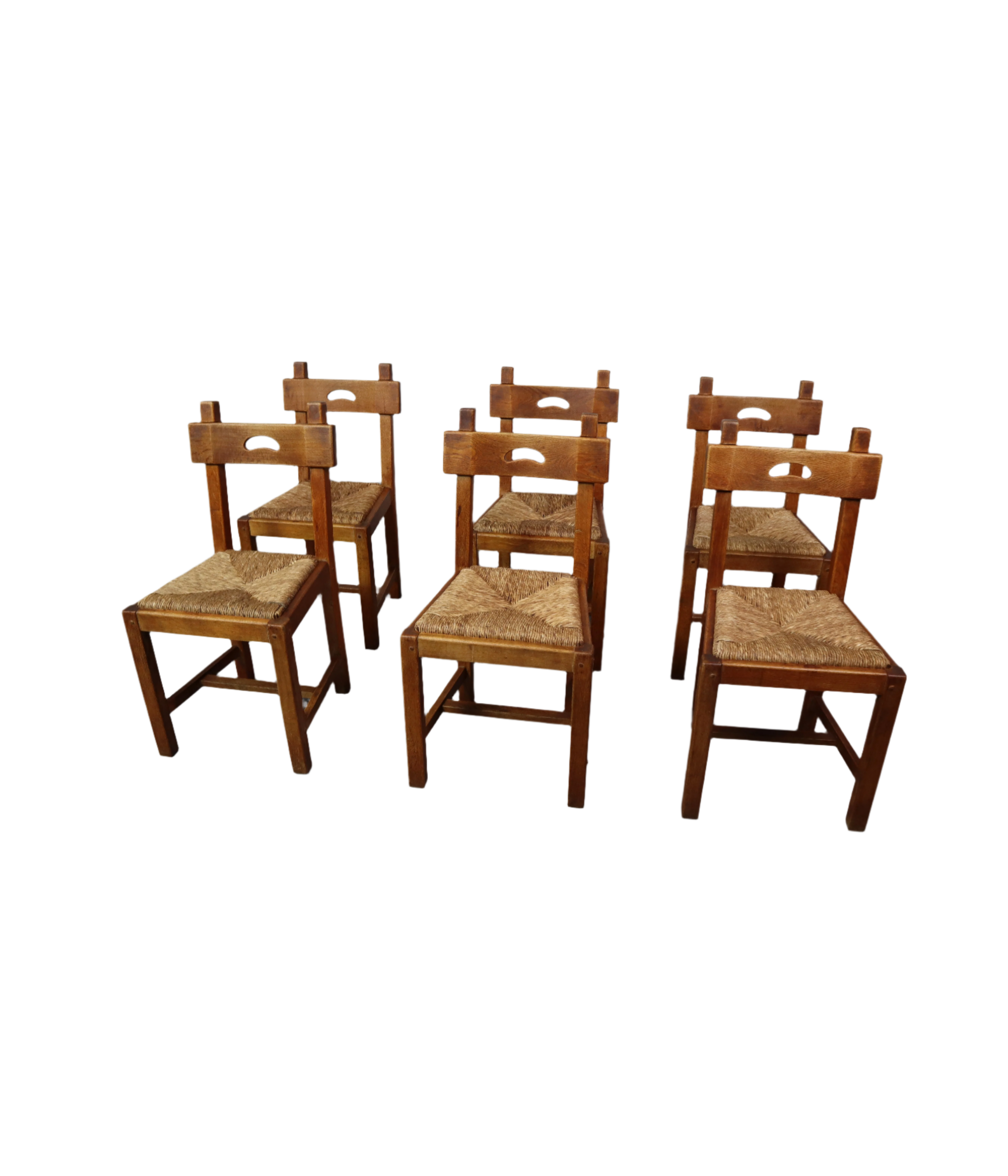 Set of 6 brutalist, rustic dining chairs in Oak and Rush, 1960's!