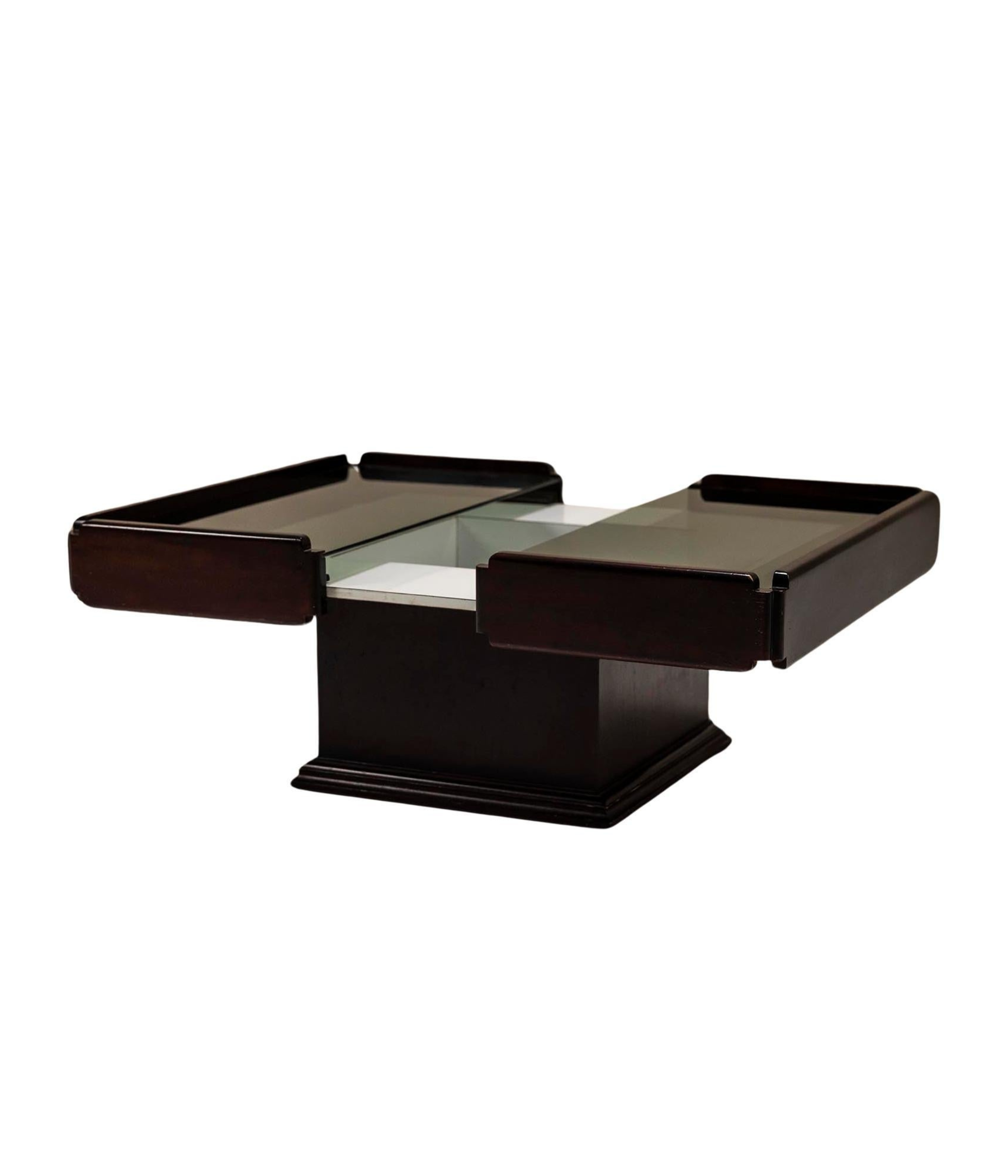 Square Extendable Coffee Table In Stained Beech With Glass Top, Italy 1960's