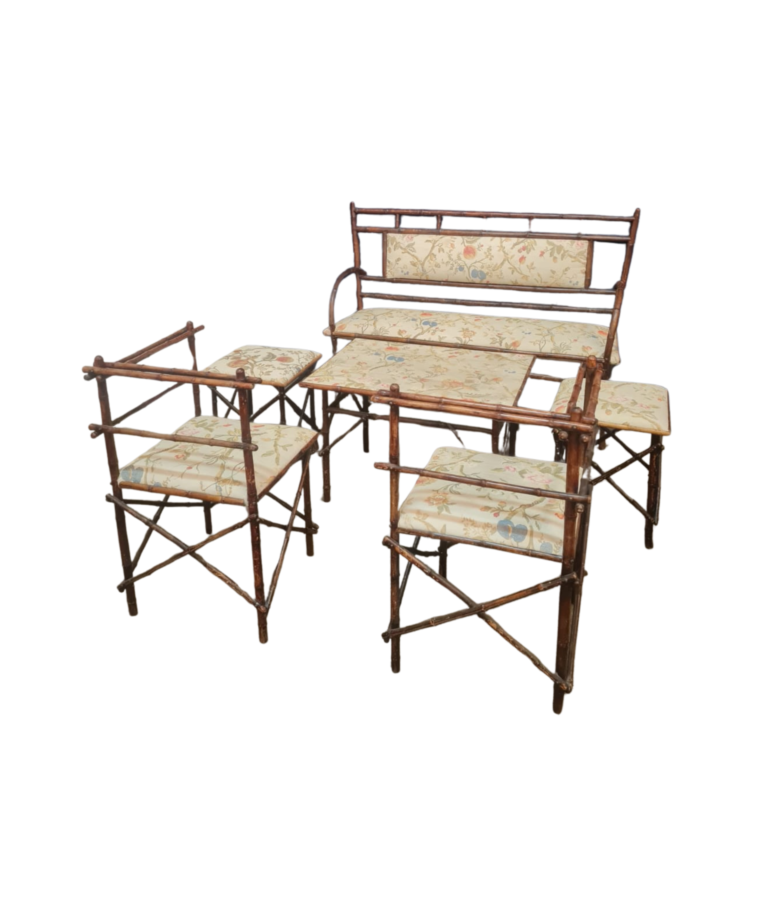 Set of Antique Faux Bamboo Parlor Armchair, taburet, coffee table and bench By Maison Staněk Prague from 1910