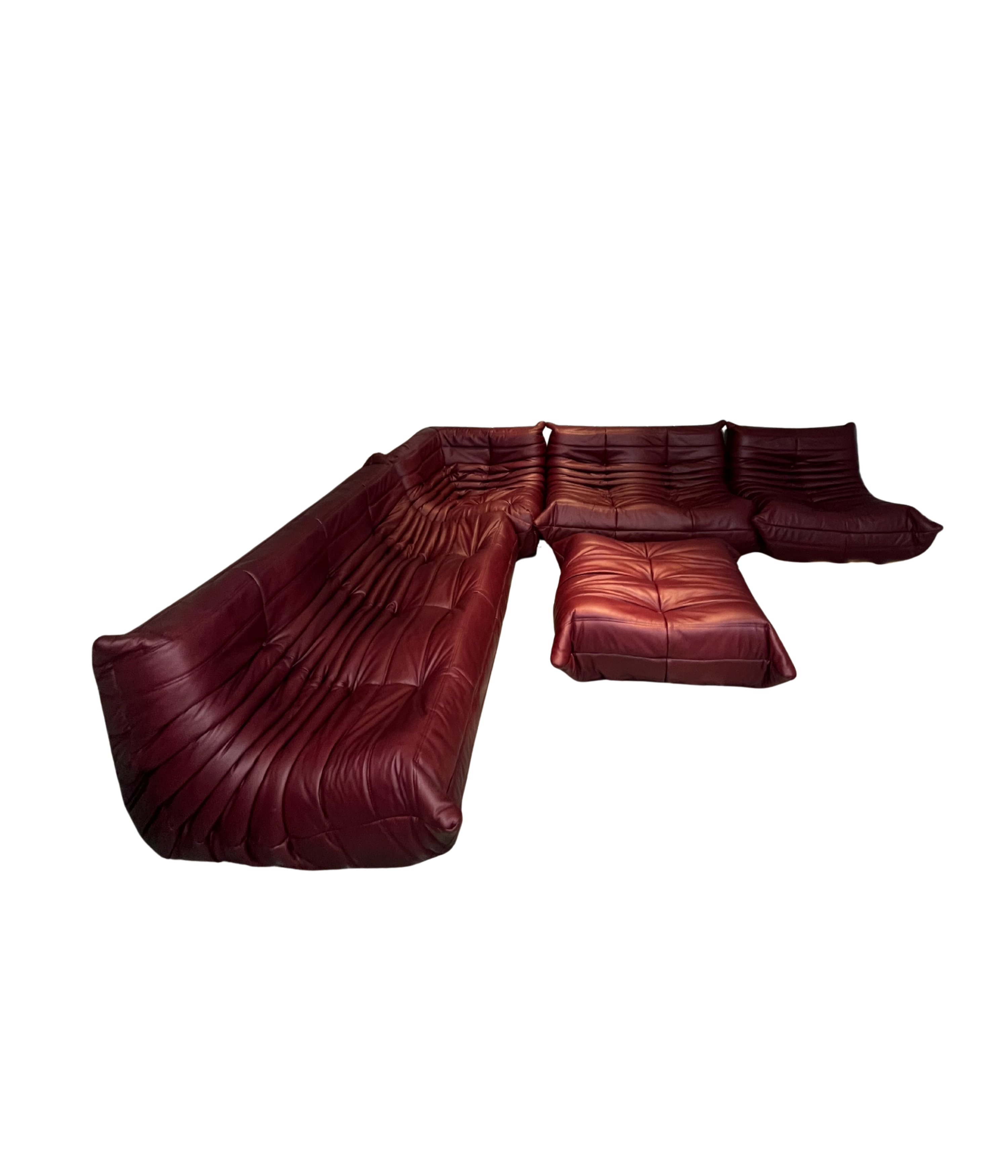 Set of 5 Maroon Leather Togo Sofa Set by Michel Ducaroy for Ligne Roset