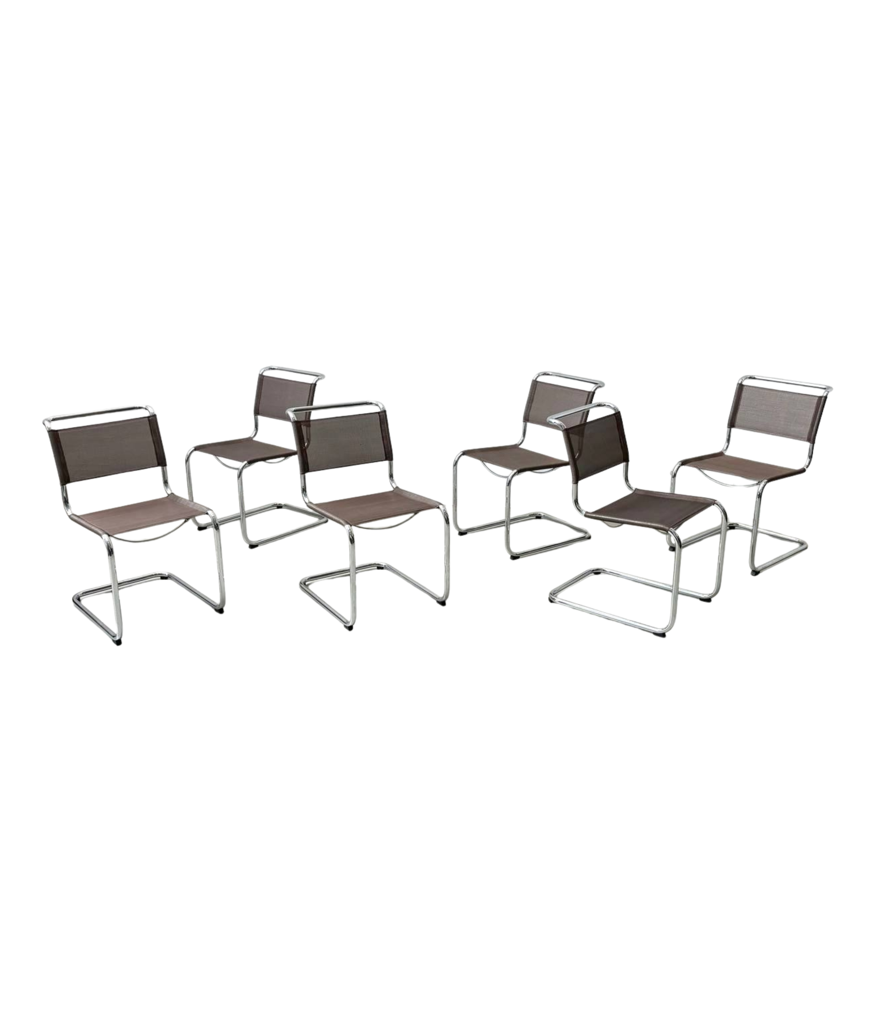 Set of 6 Thonet S33 cantilever chairs with brown mesh upholstery