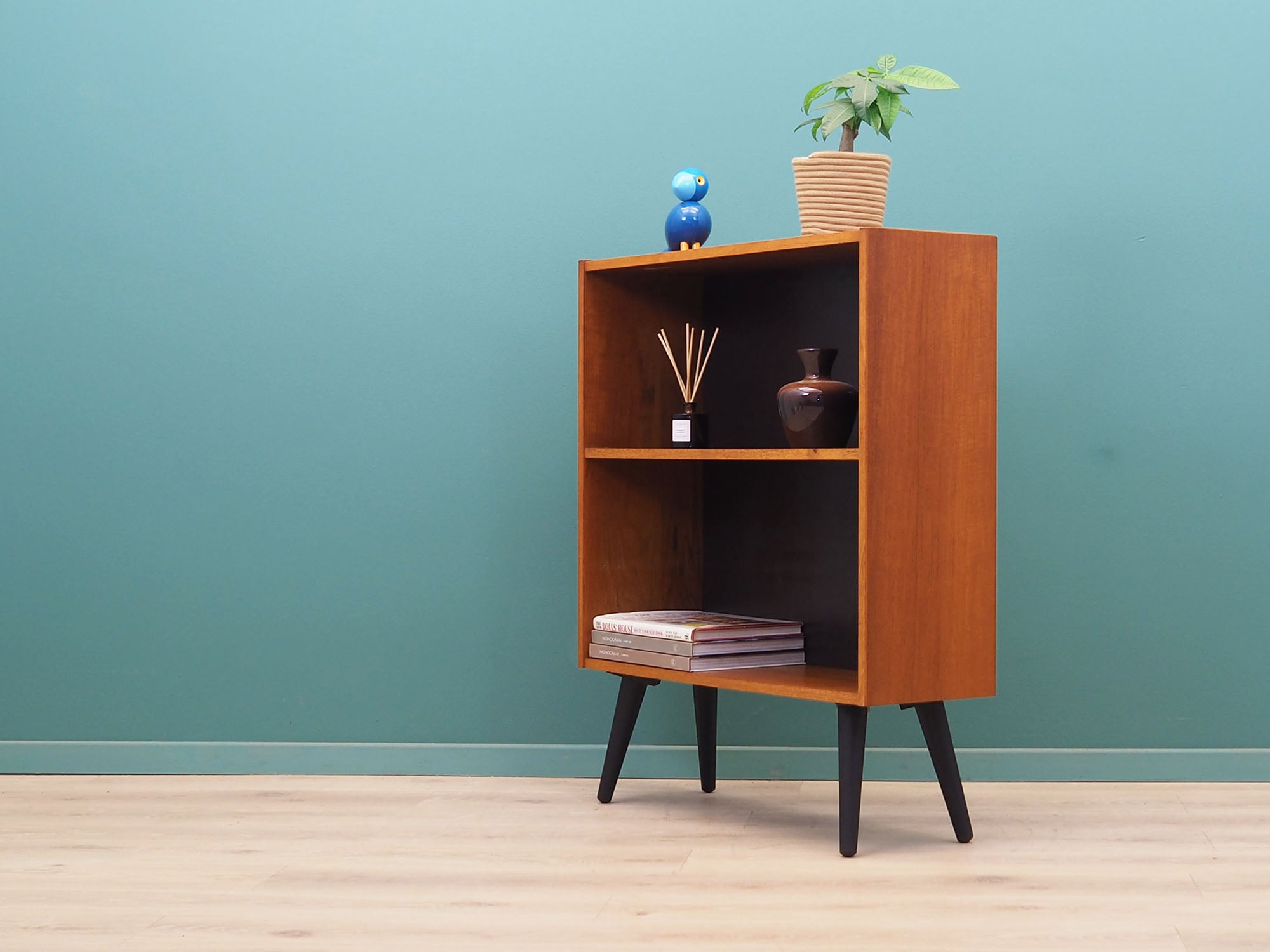 Danish_Teak_Bookcase_Fixed_Shelf_Black-Stained_Solid_Wood_Legs