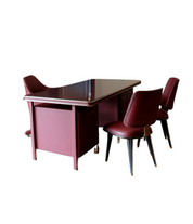 Desk_and_three-chair_set_by_Umberto_Mascagni_in_burgundy_faux_leather_and_brass,_1950,_Italy