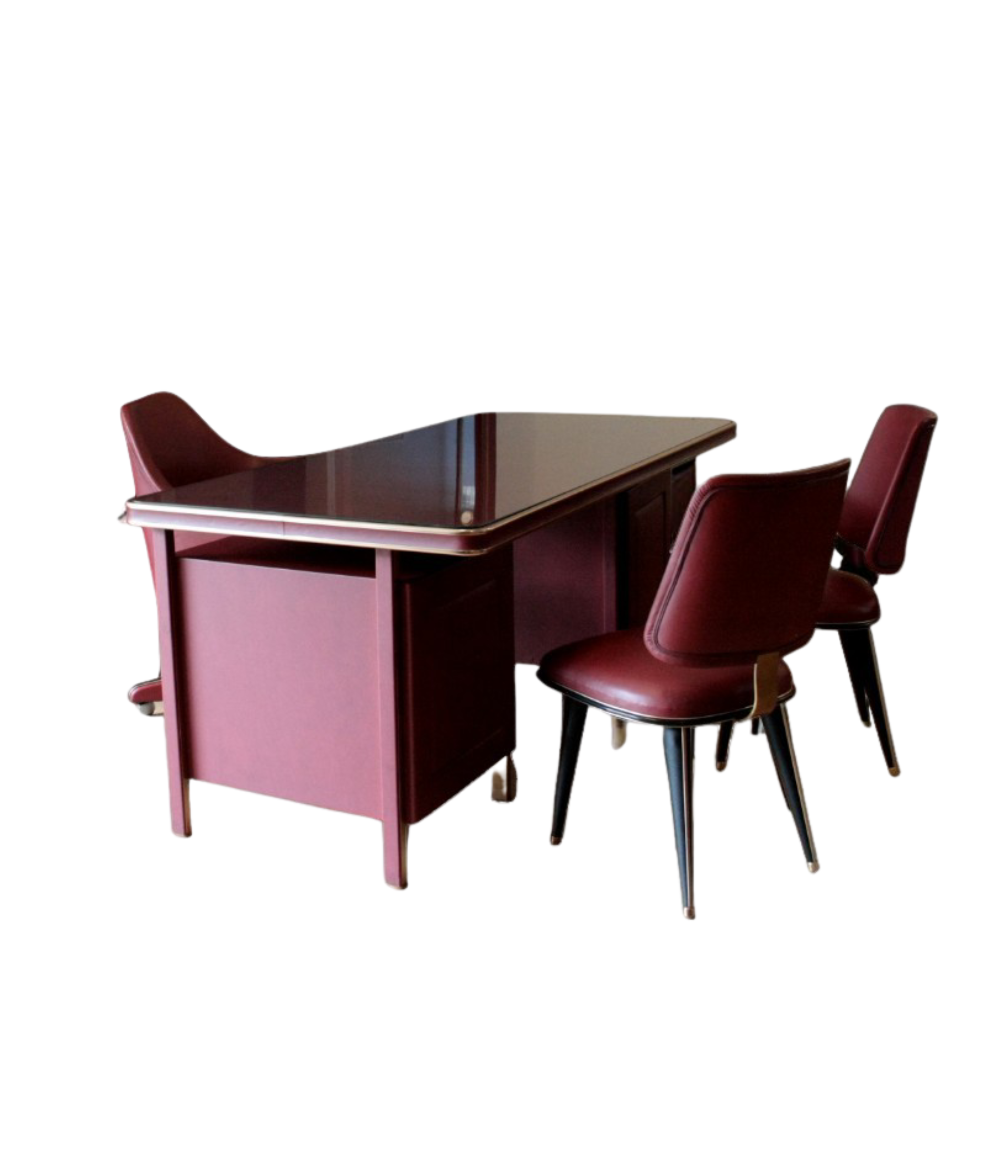 Desk_and_three-chair_set_by_Umberto_Mascagni_in_burgundy_faux_leather_and_brass,_1950,_Italy