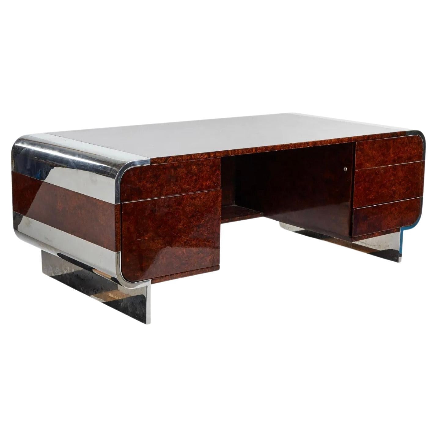 Leon_Rosen_for_Pace_Collection_Burl_Chrome_Waterfall_Executive_Desk_c_1970s