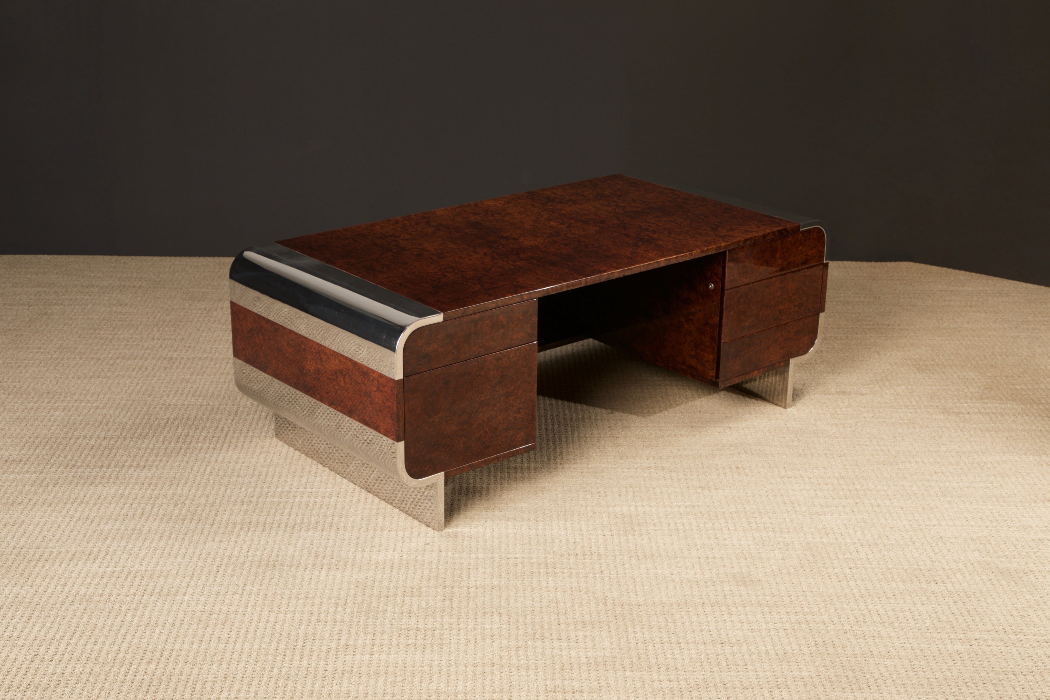 Leon_Rosen_for_Pace_Collection_Burl_Chrome_Waterfall_Executive_Desk_c_1970s