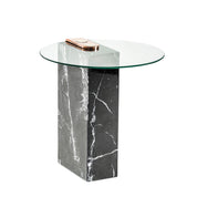 Marble Patch side table with Nero Marquina base, clear glass top, copper-plated steel bracket and brass patch buttons.
