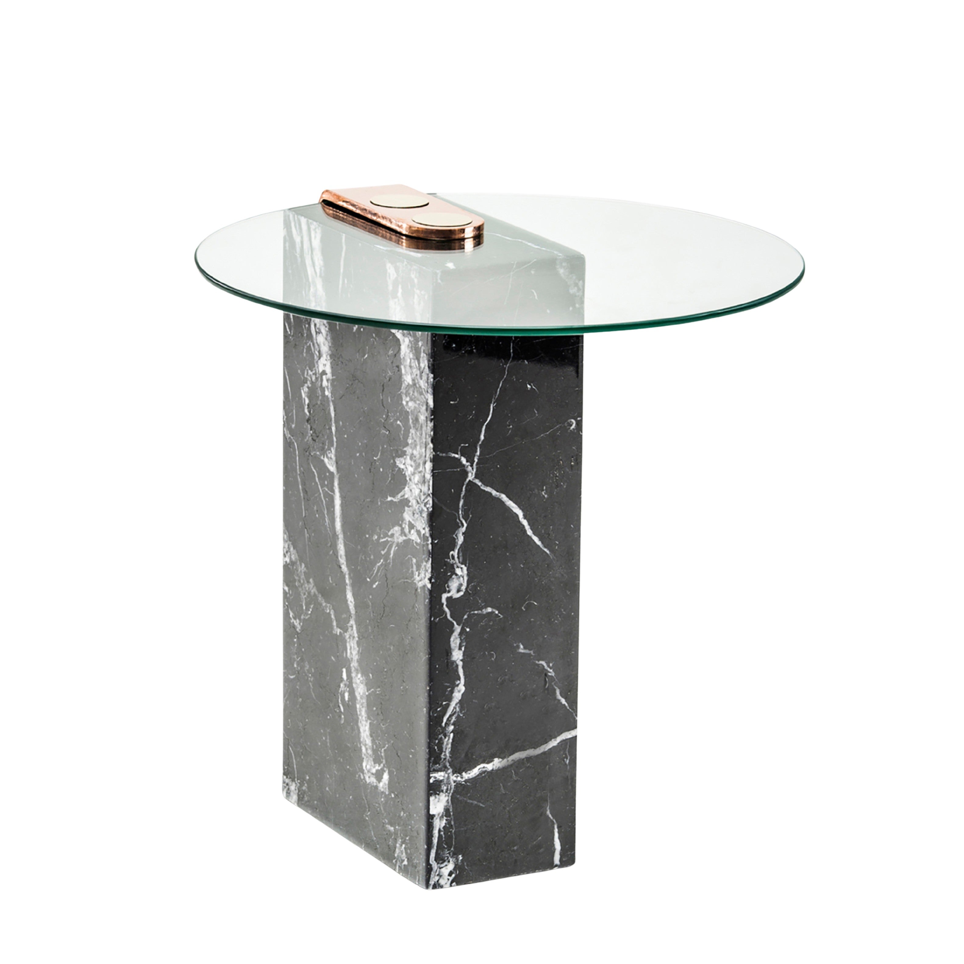 Marble Patch side table with Nero Marquina base, clear glass top, copper-plated steel bracket and brass patch buttons.