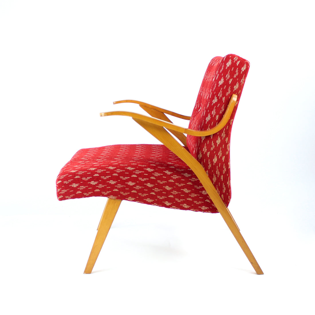 Midcentury_Armchair_In_Original_Red_Fabric_Blonde_Wood_Czechoslovakia_1960s