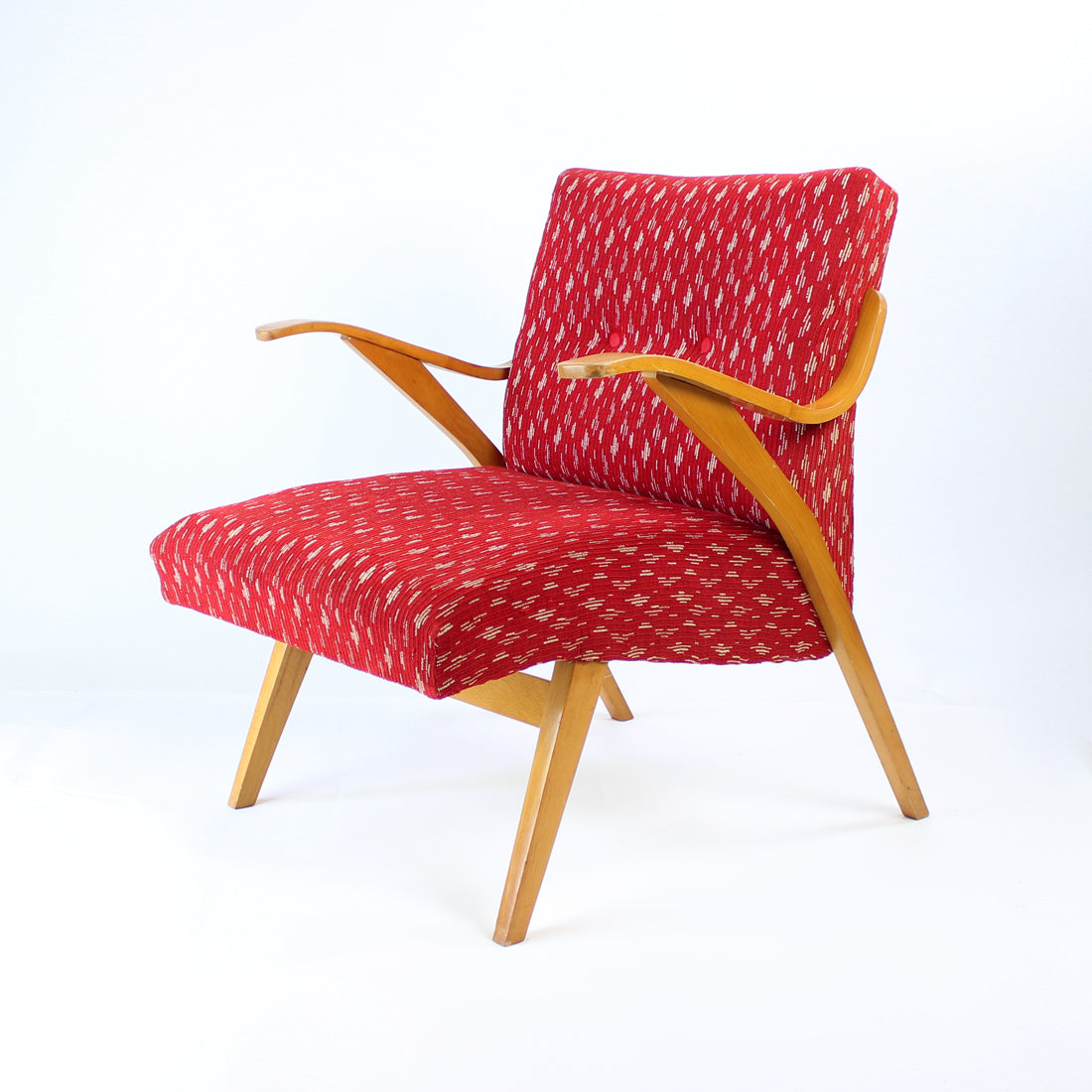 Midcentury_Armchair_In_Original_Red_Fabric_Blonde_Wood_Czechoslovakia_1960s