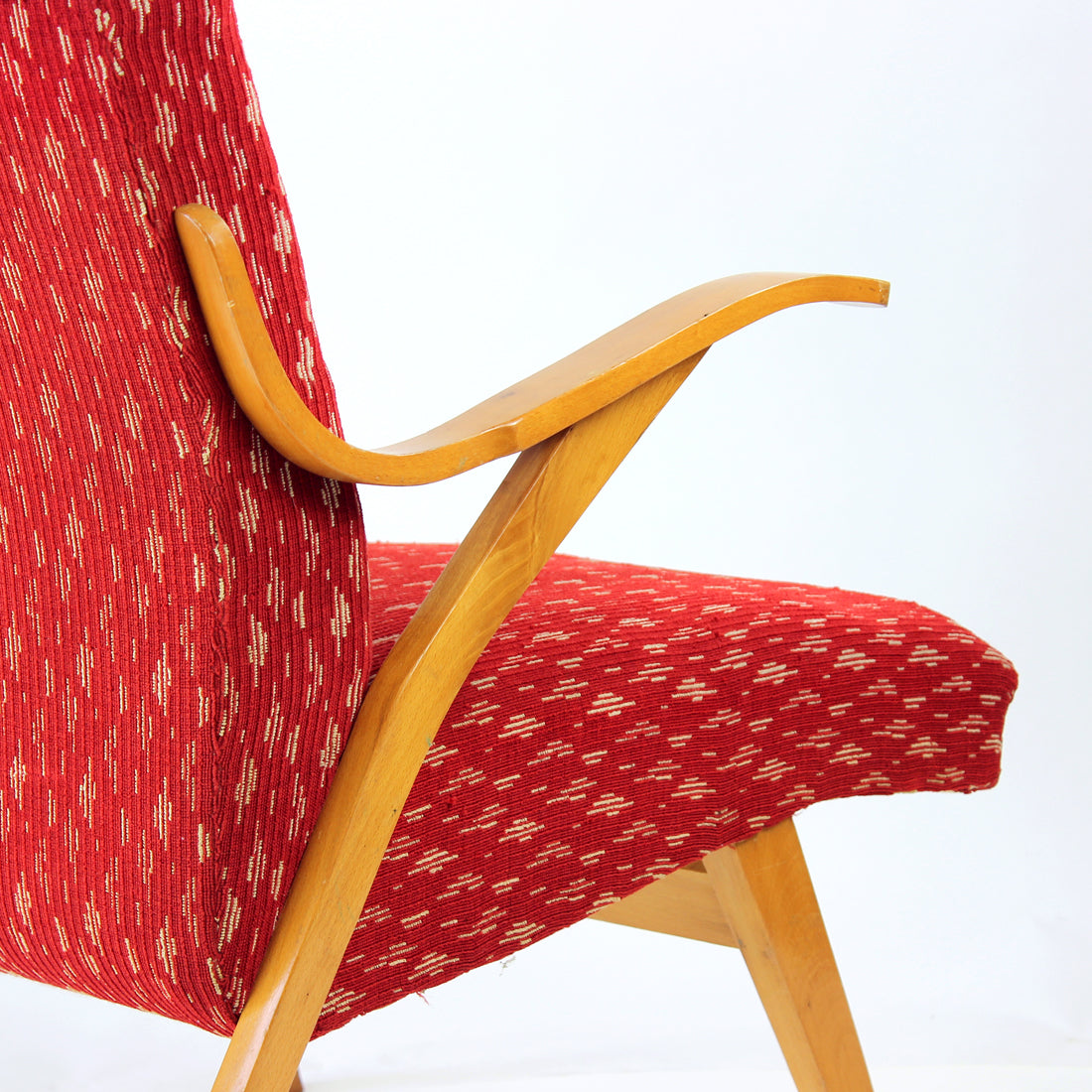 Midcentury_Armchair_In_Original_Red_Fabric_Blonde_Wood_Czechoslovakia_1960s