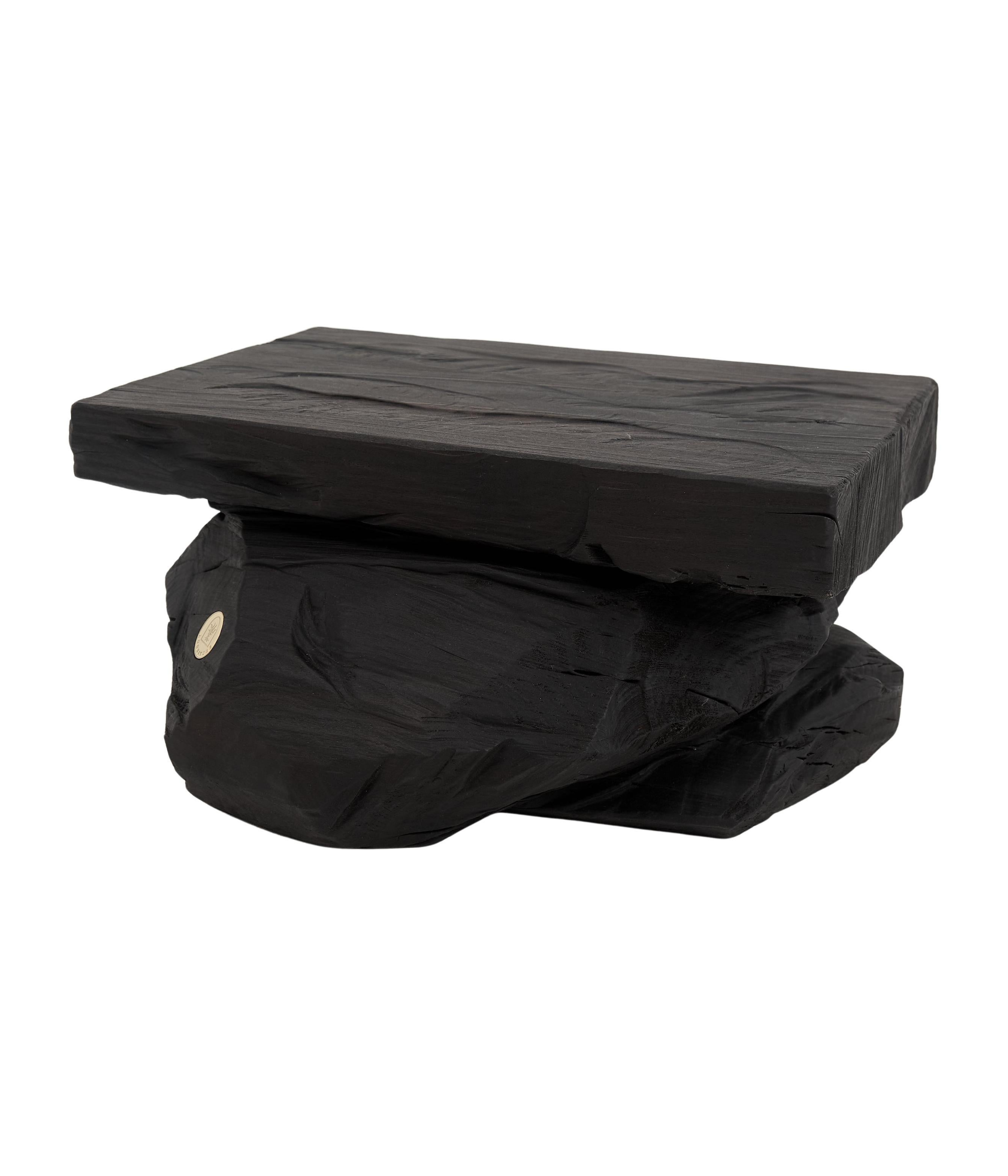 Rustic Sculptural Side Table, Stool, Burnt Black Wood