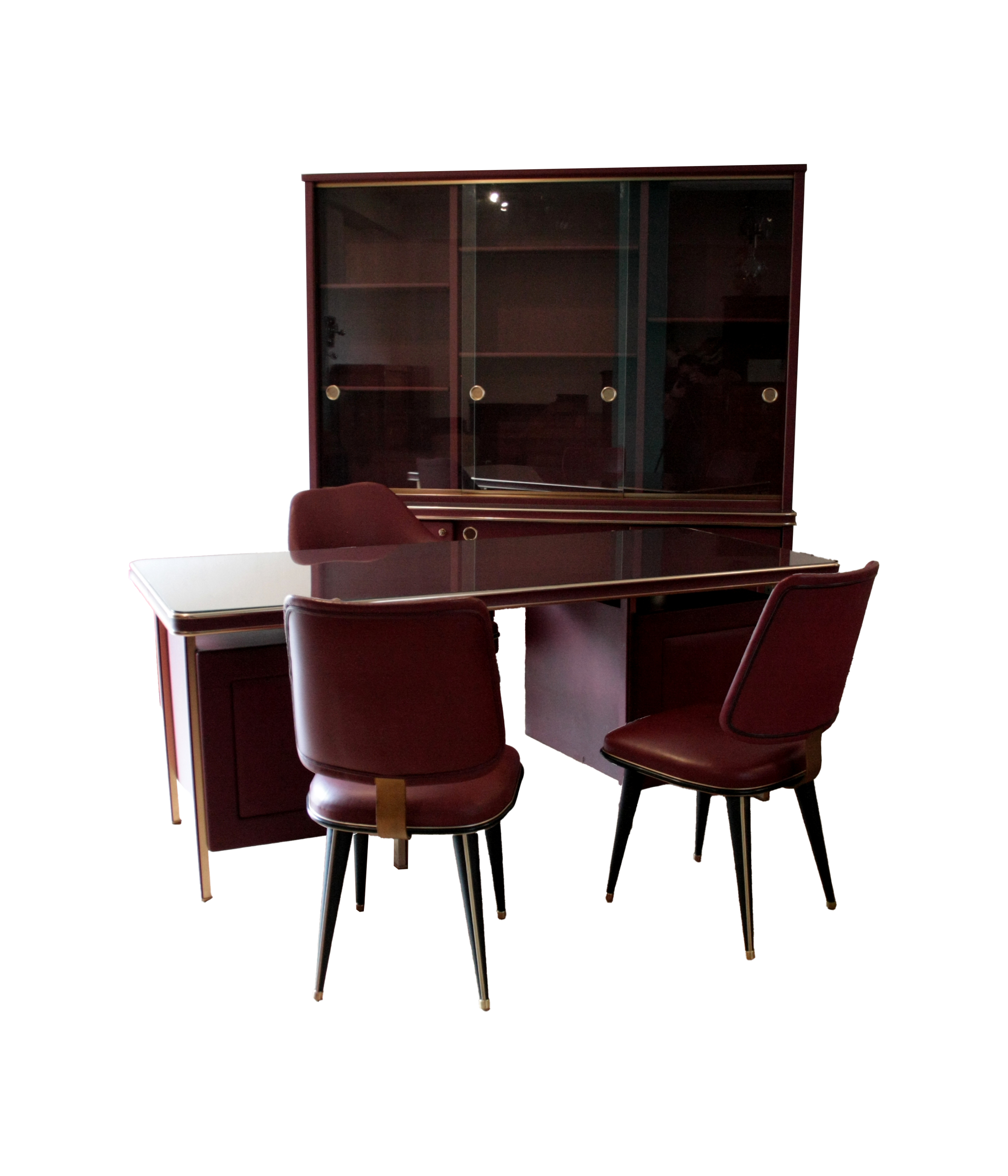 Umberto_Mascagni_study_set,_desk_with_three_chairs_and_bookcase,_Italy,_1950