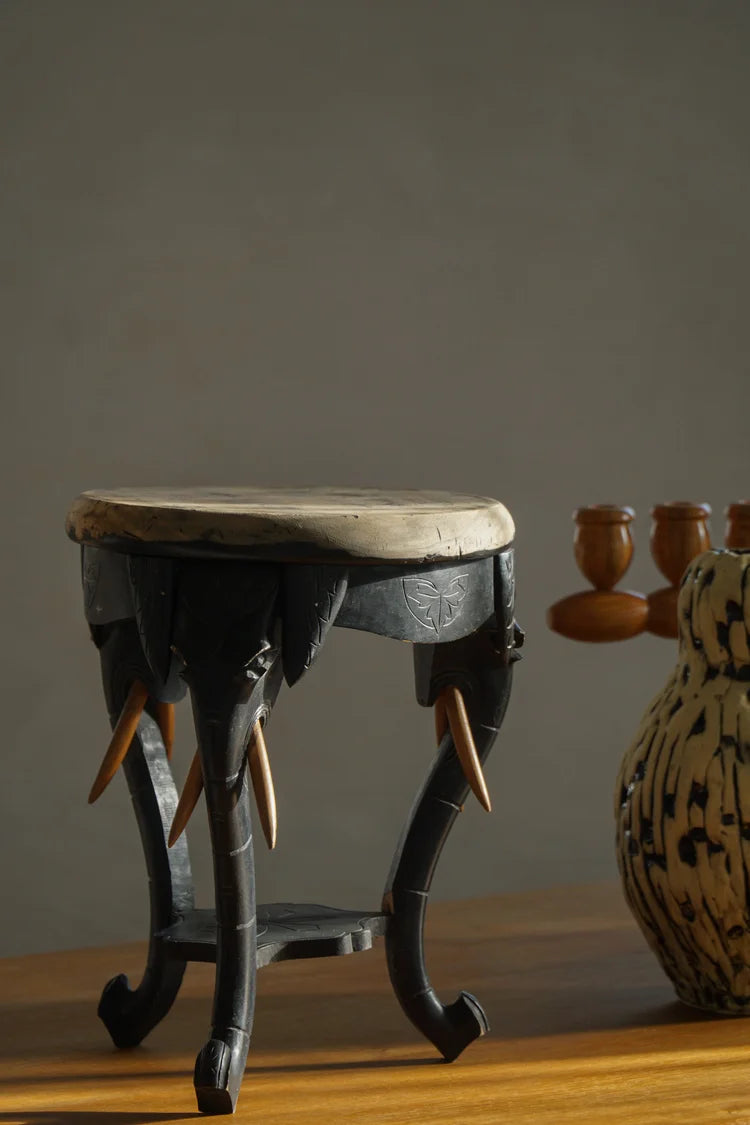 Anglo_Indian_Elephant_Stool_/_Side_Table,_Colonial_Carved_Wood_Design