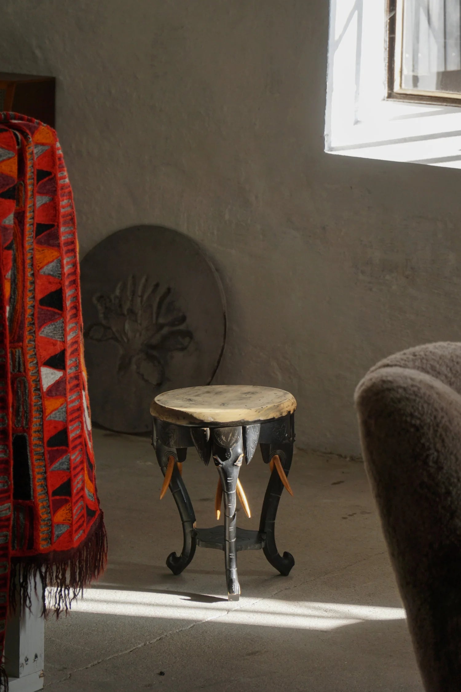 Anglo_Indian_Elephant_Stool_/_Side_Table,_Colonial_Carved_Wood_Design
