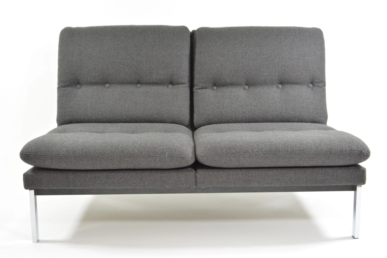 German_Modernist_Bench_in_Anthracite_Grey_Fabric_and_Chrome