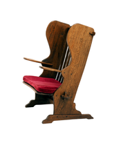Antique_Dutch_Arts_and_Crafts_Hall_Bench_in_Solid_Oak_and_Red_Velvet,_Netherlands,_Early_1900s