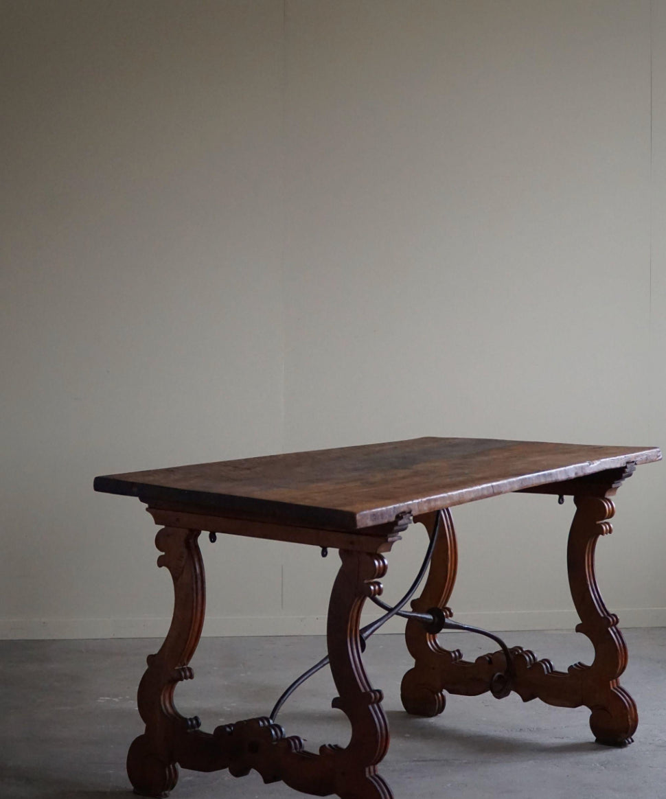 Antique_Spanish_Brutalist_Table_in_Solid_Oak_&_Wrought_Iron,_19th_Century