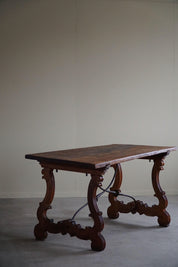 Antique_Spanish_Brutalist_Table_in_Solid_Oak_&_Wrought_Iron,_19th_Century