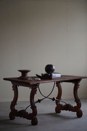 Antique_Spanish_Brutalist_Table_in_Solid_Oak_&_Wrought_Iron,_19th_Century