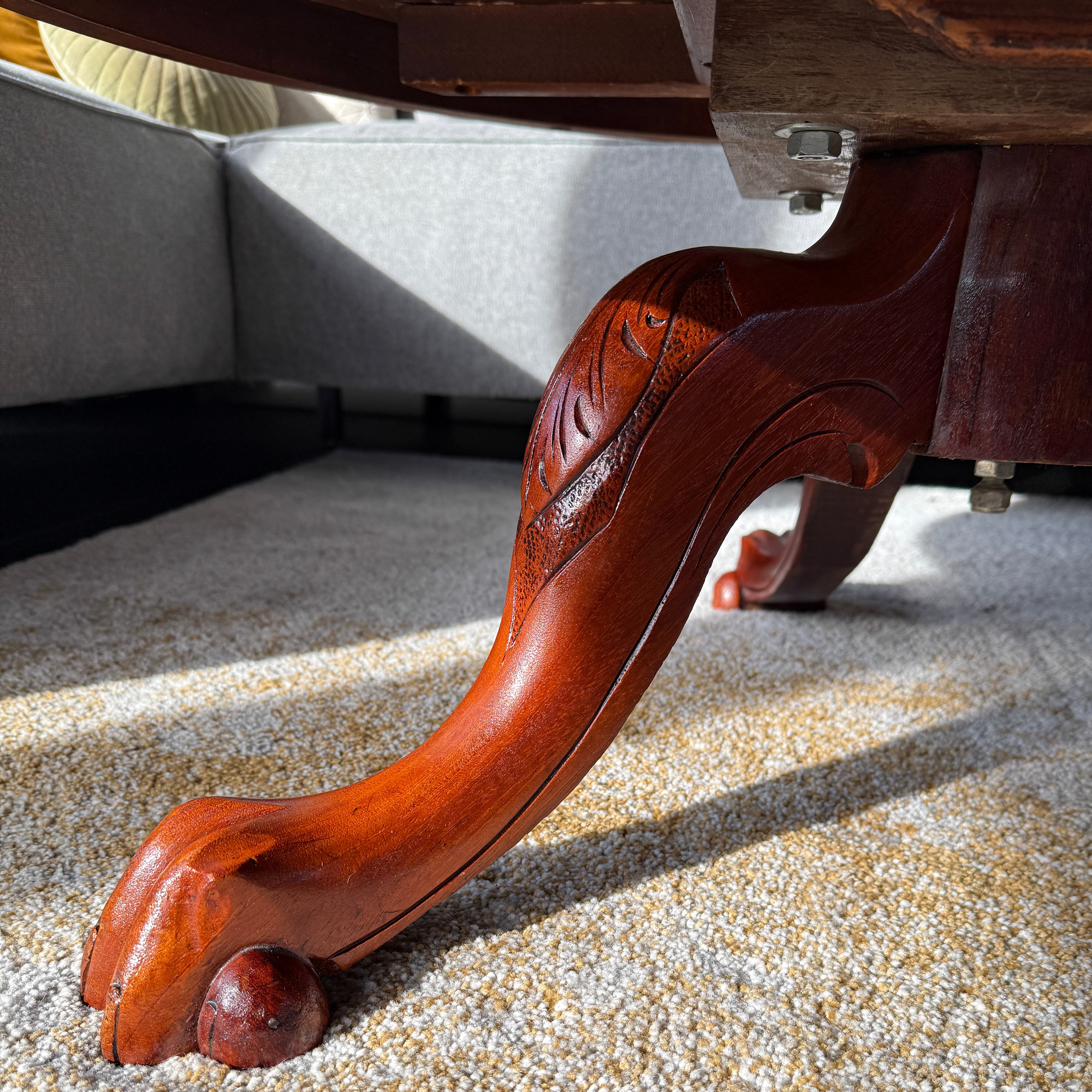 Antique_Round_Coffee_Table,_Solid_Wood,_Claw_Foot_Pedestal,_Victorian_Style