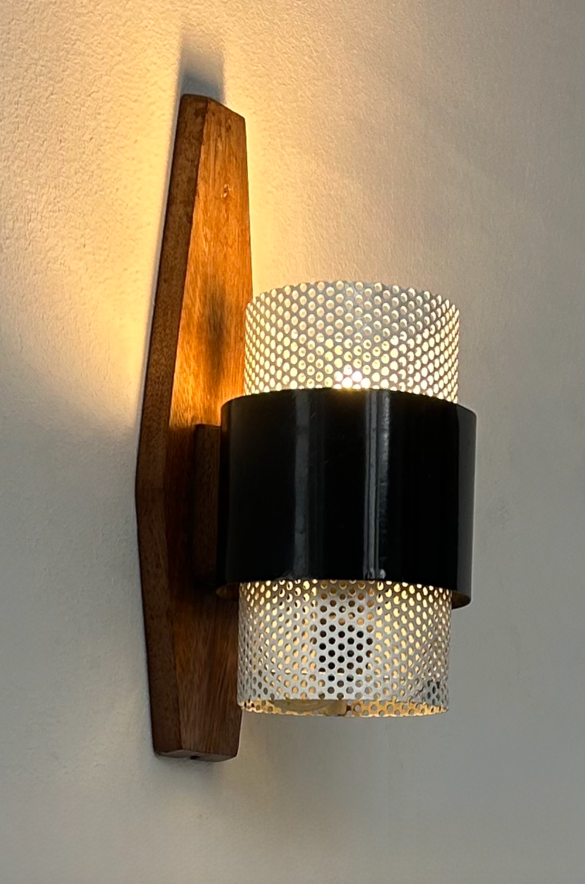 French_Wall_Light_in_Black_Lacquered_Metal,_Perforated_White_Metal_and_Wood,_1950s
