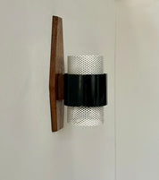 French_Wall_Light_in_Black_Lacquered_Metal,_Perforated_White_Metal_and_Wood,_1950s