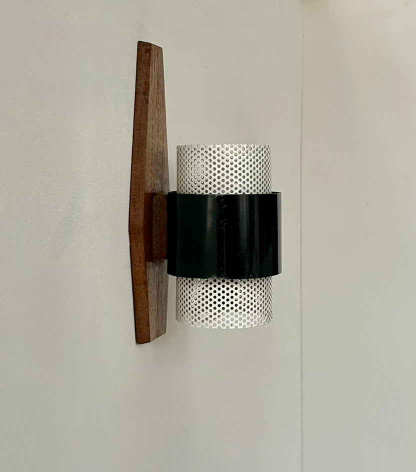 French_Wall_Light_in_Black_Lacquered_Metal,_Perforated_White_Metal_and_Wood,_1950s